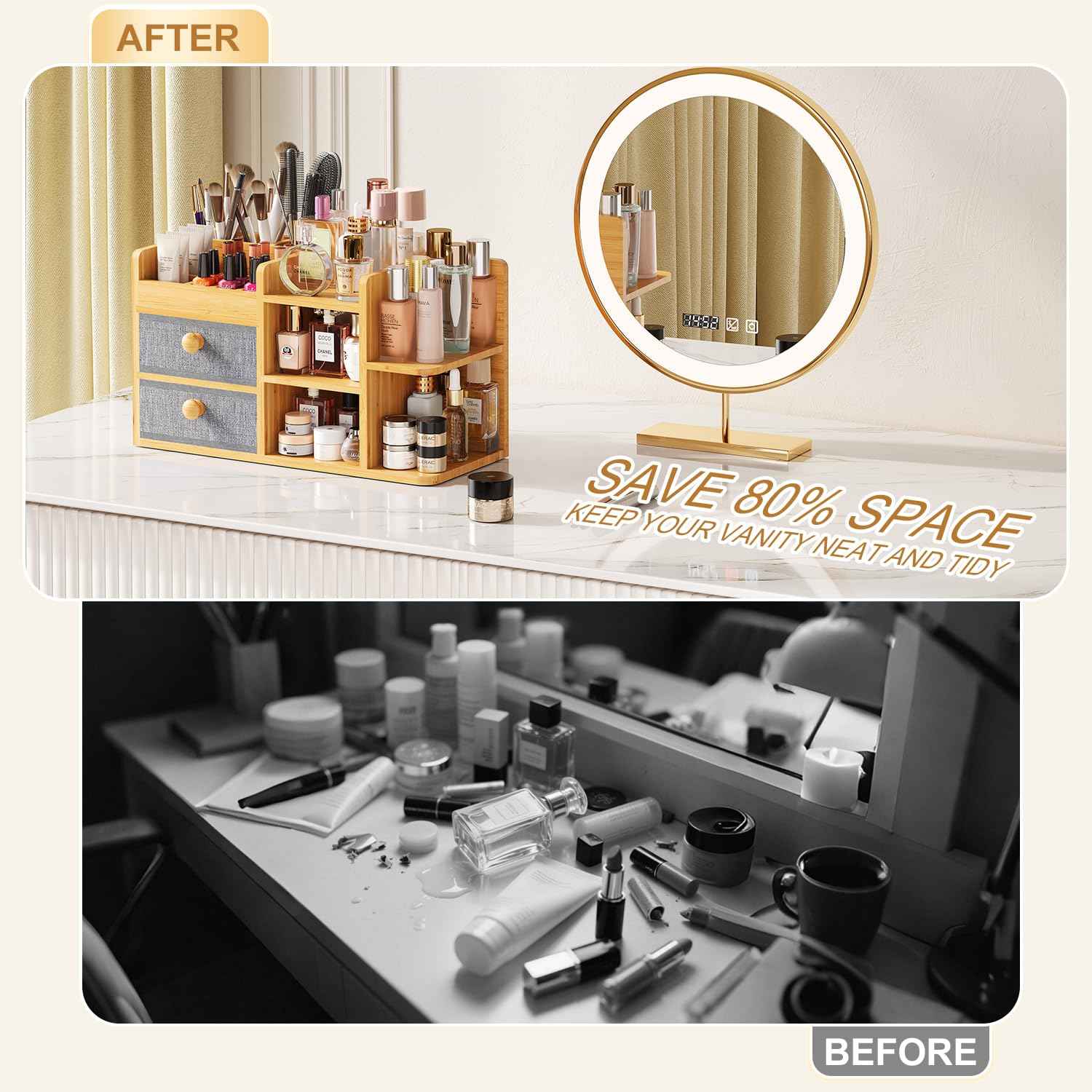 Large Makeup Organizer Countertop For Vanity Dresser, Bamboo Bathroom Counter Organizers And Storage,Cosmetic Skincare Perfume Organizer With 3 Makeup Brush Holder/2 Drawers/5 Shelves /8 Compartments