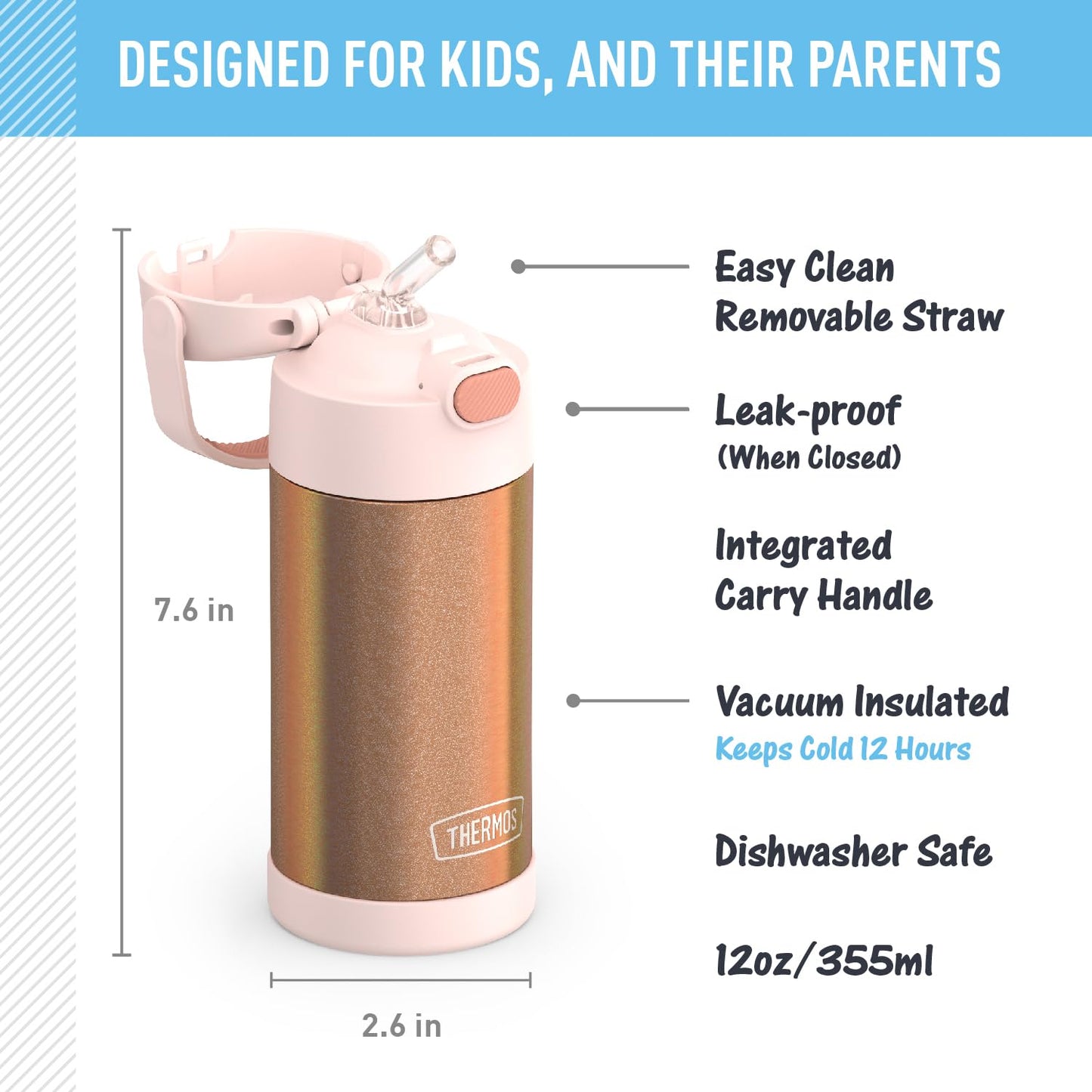 THERMOS FUNTAINER Water Bottle with Straw - 12 Ounce, Rose Gold Glitter - Kids Stainless Steel Vacuum Insulated Water Bottle with Lid