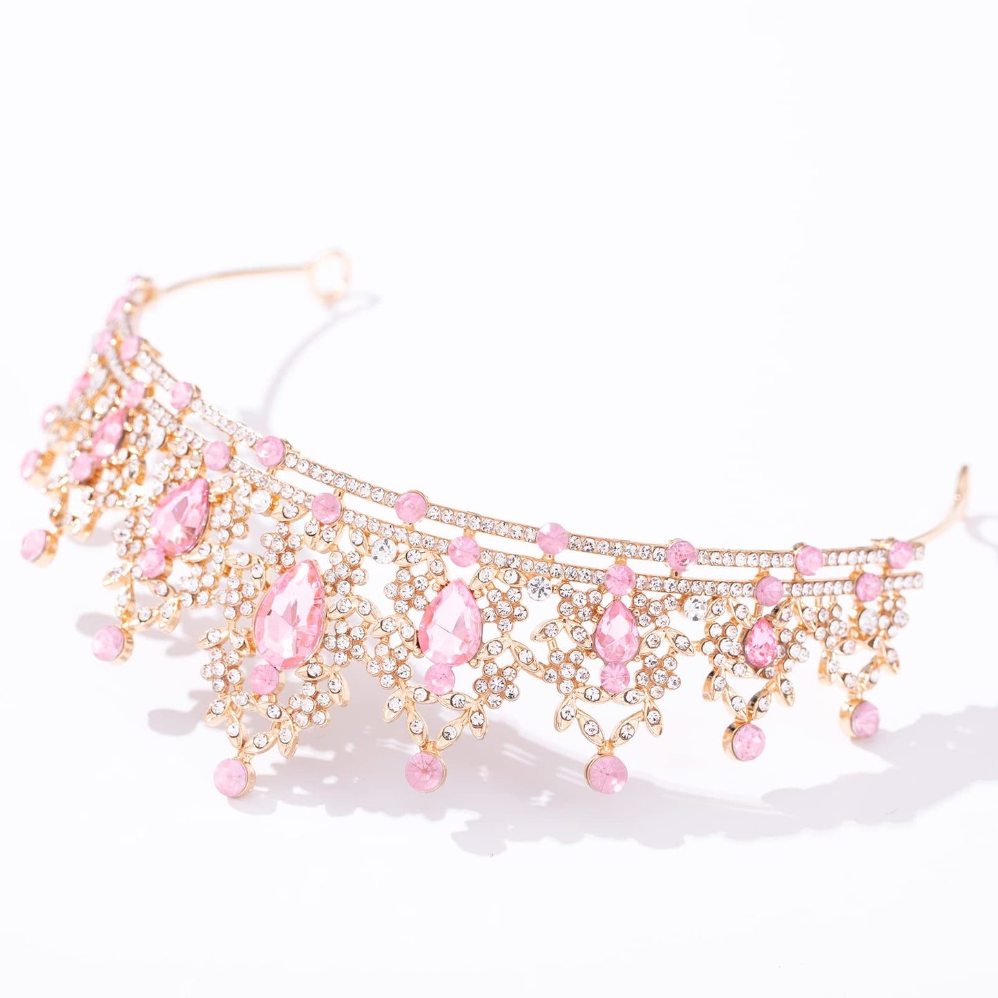 FORSEVEN Crystal Tiaras for Women, Wedding Tiaras and Crowns for Women Tiaras for Girls Birthday Party Princess Crown Hair Accessories Bride Rhinestone Headbands (Gold+Pink)