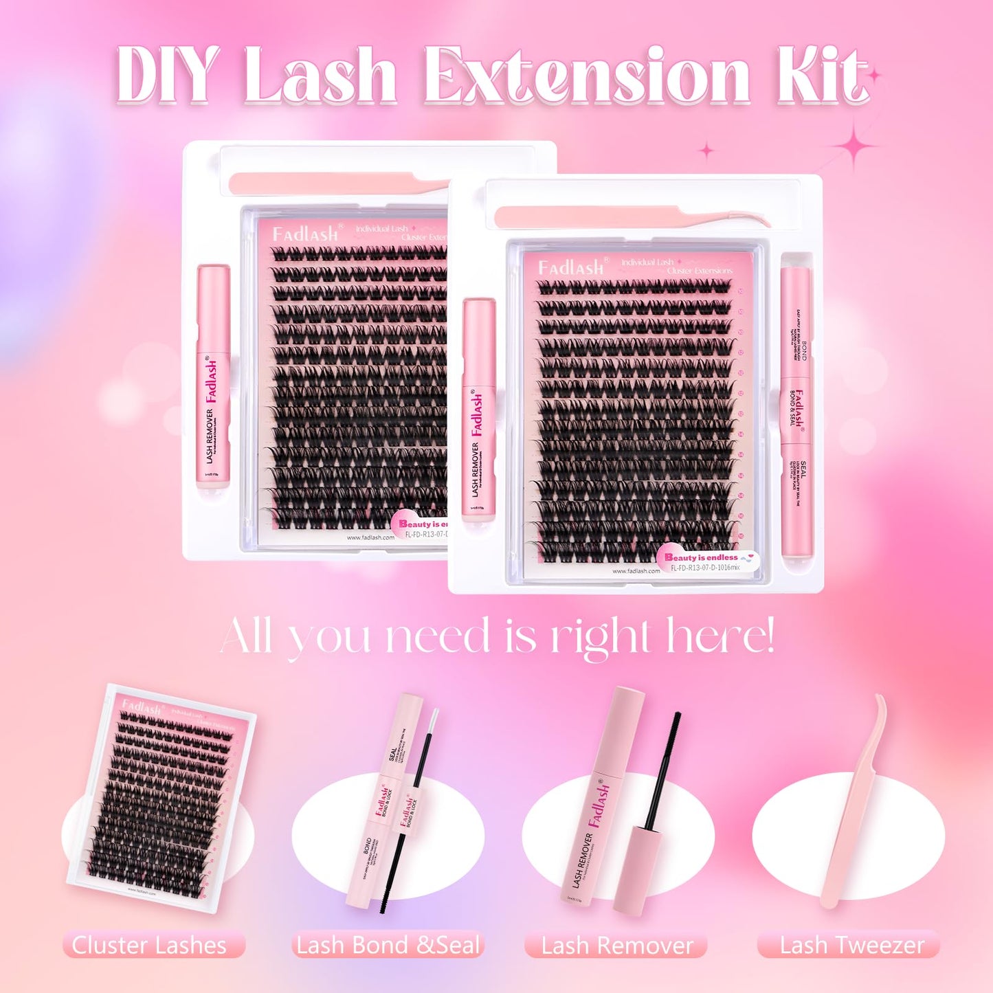 FADLASH Lash Clusters Kit Individual Lash Extensiones Wispy Faux Mink 10-16mm DIY Eyelash Extension Kit Eyelash Clusters Lashes with Bond and Seal and Remover Lash Tweezer for Self Use（R13-D-10-16MIX)