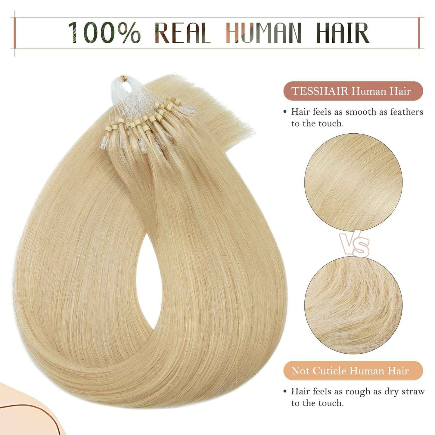 TESSHAIR Micro Loop Hair Extensions, 100% Remy Human Hair, Microlink Extensions, No Tangle & Smooth, 50 Strands 50g, 14 Inch #Bleach Blonde