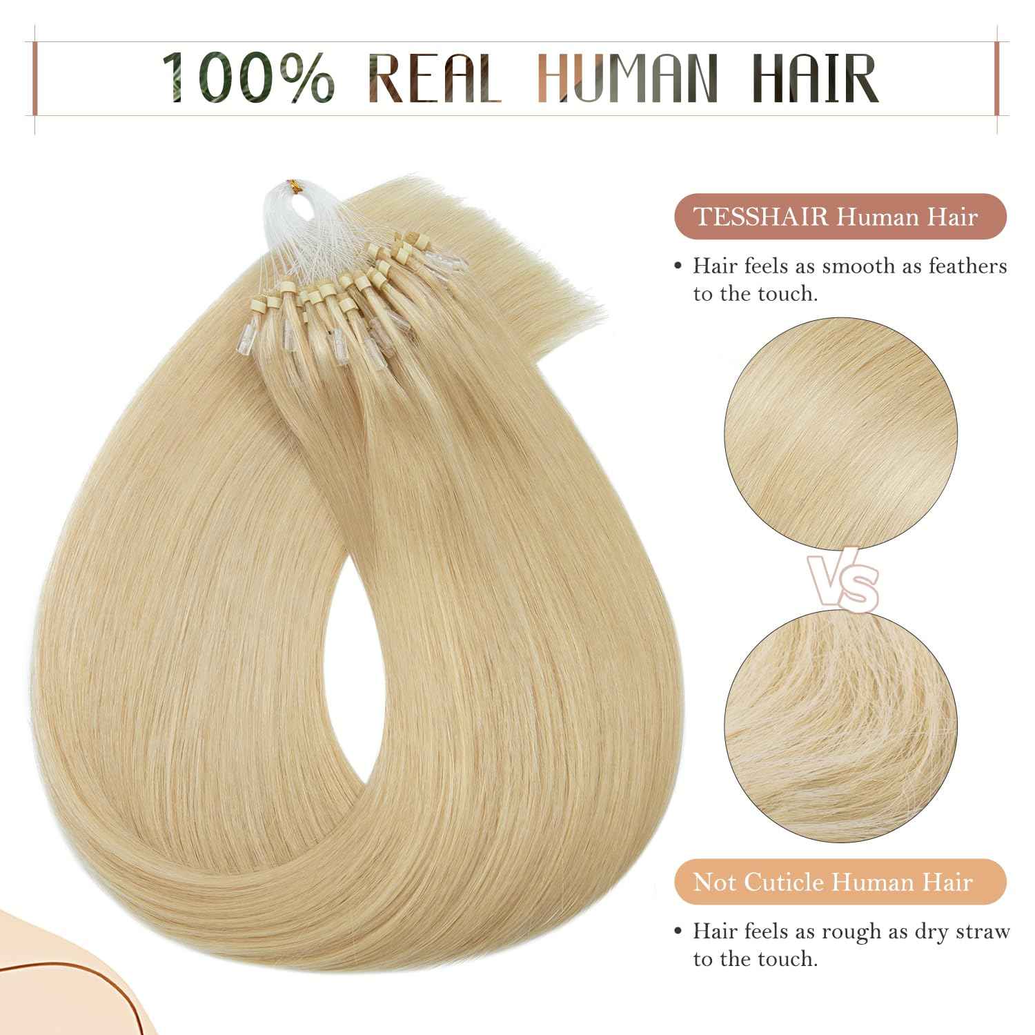 TESSHAIR Micro Loop Hair Extensions, 100% Remy Human Hair, Microlink Extensions, No Tangle & Smooth, 50 Strands 50g, 14 Inch #Bleach Blonde