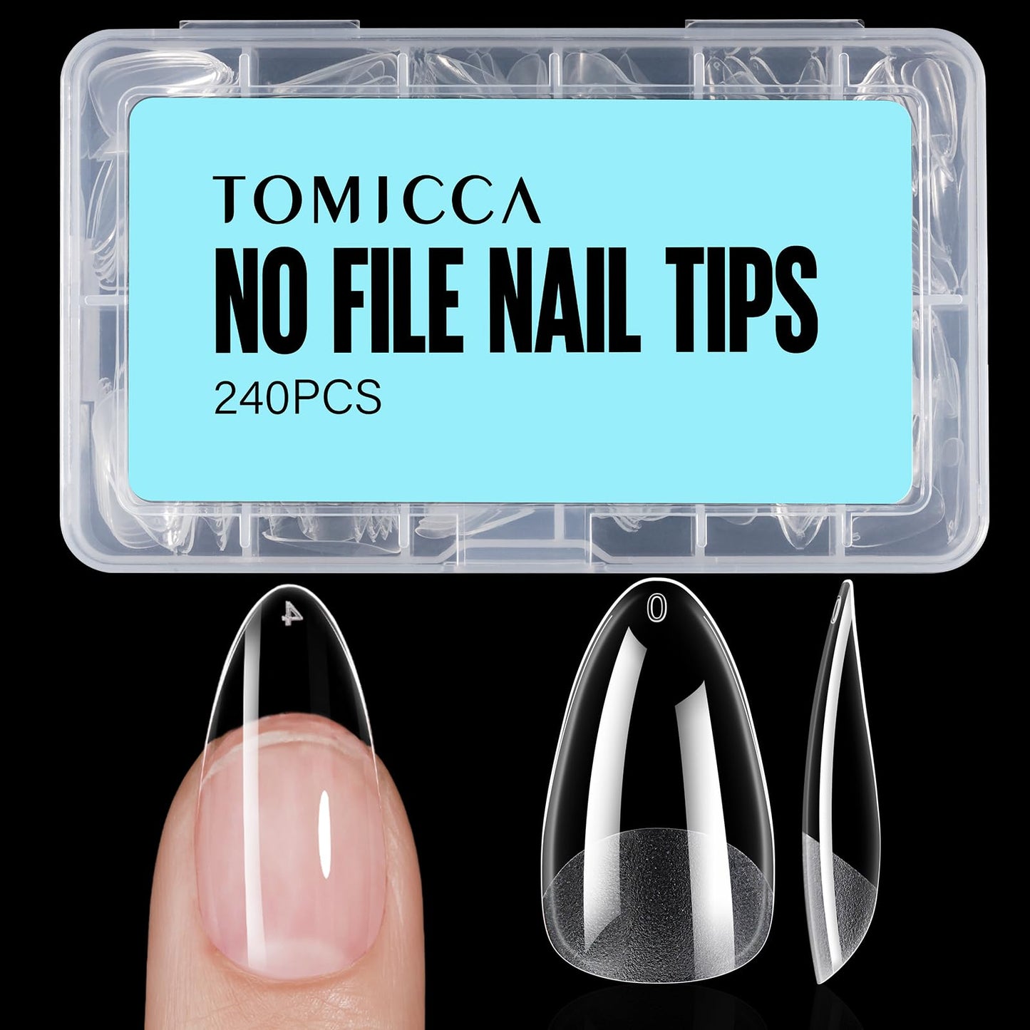 TOMICCA Medium Almond Nail Tips, 12 Sizes Soft Gel Nail Tips, 240Pcs Press on Nail Acrylic False Nails for Nail Extension DIY Nail Salon