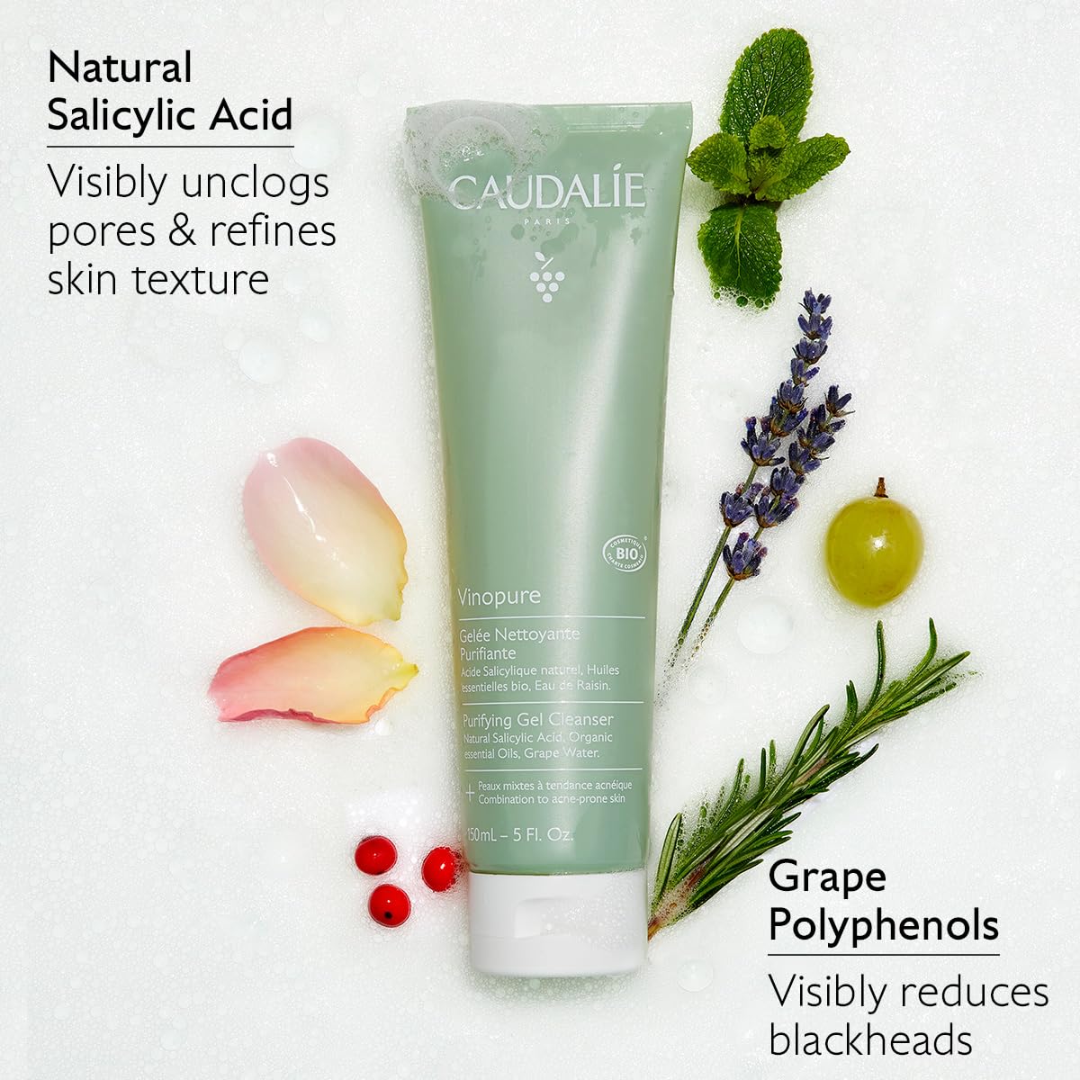 Caudalie Vinopure Pore Purifying Gel Cleanser with Natural Salicylic Acid, 5 Fl Oz