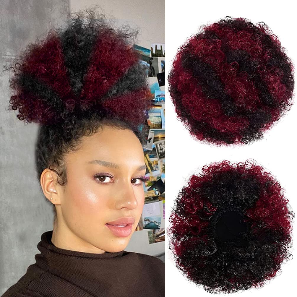 ISWEET Afro Puff Drawstring Ponytail, Curly Afro Bun Extensions Synthetic Ombre Red Hair, Short Afro Hairpieces Updo hair for Black Women (#T1B99J)