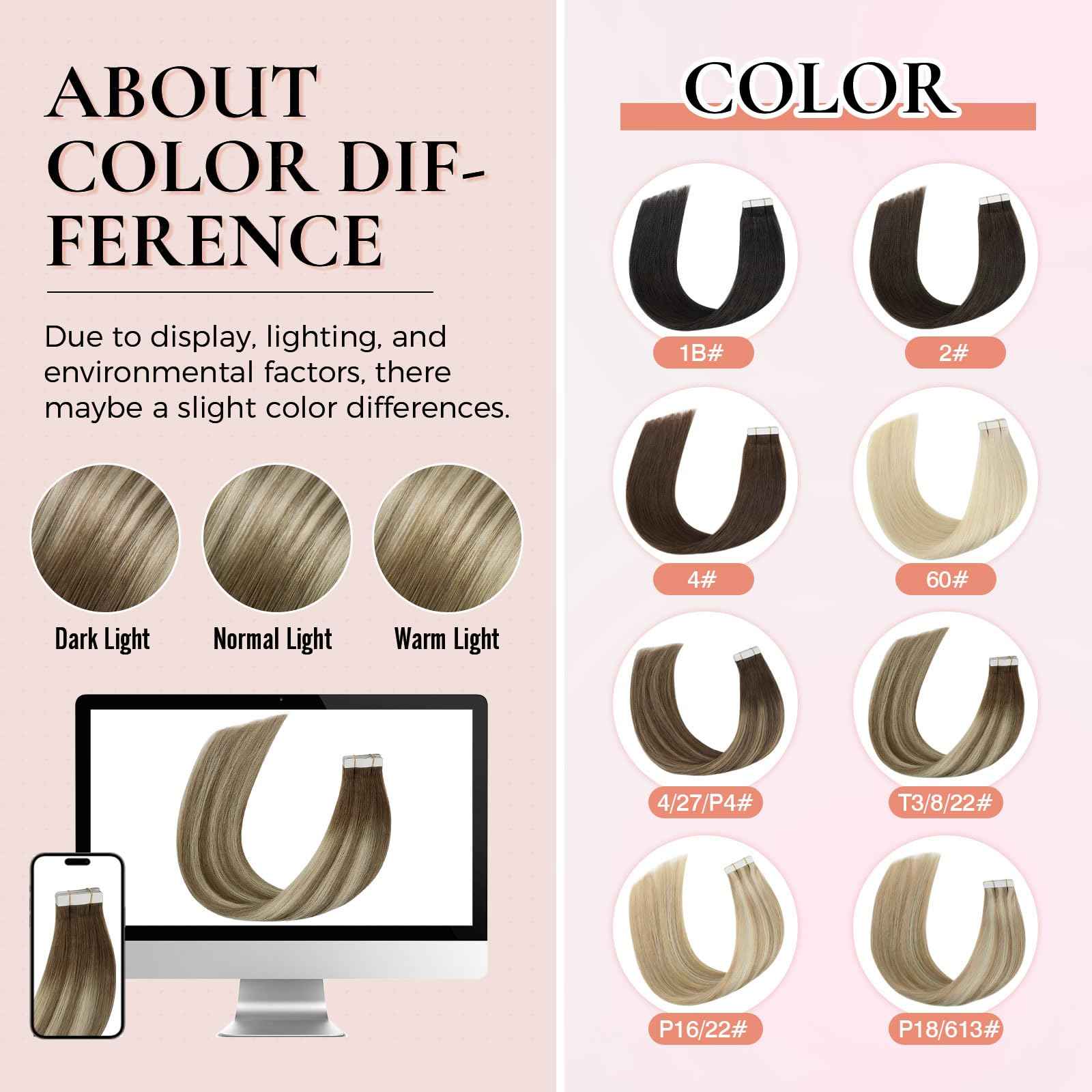 MEI YUAN LIN invisible tape in hair extensions human hair 14Inch 3/8/22 Dark Brown Fading To Brown and Blonde 20pcs 40G remy Hair Extensions PU weft yarn for Party