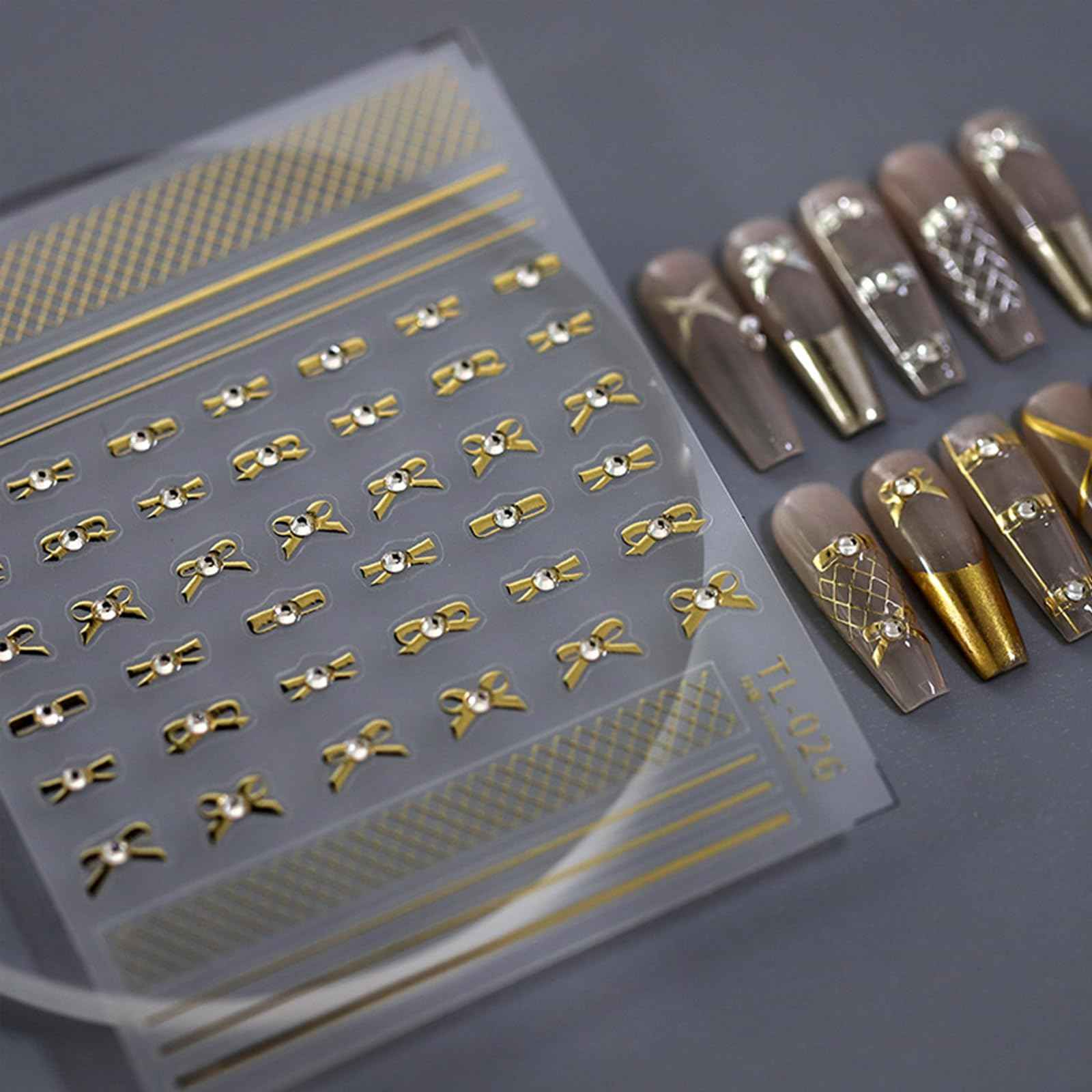 Bowknot Nail Art Stickers 5D Emboss Silver Gold Metal Nail Decals Self-Adhesive Luxury Bling Rhinestone Bow Tie Line Nail Accessories DIY Nail Designs for Women Girls Acrylic Nails Decoration 2 Sheets