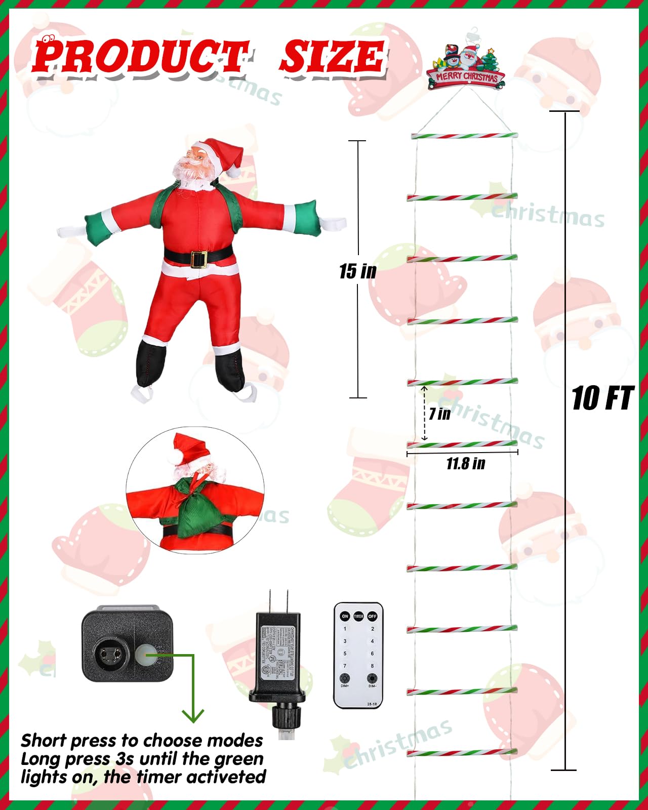 Dfilio Christmas Decorations Outside, 10ft Christmas Decorative Ladder Lights with Santa Claus and Remote Control, Village Tree Sets for Indoor Outdoor, Window, Garden, Home, Wall, Xmas(Warm White)