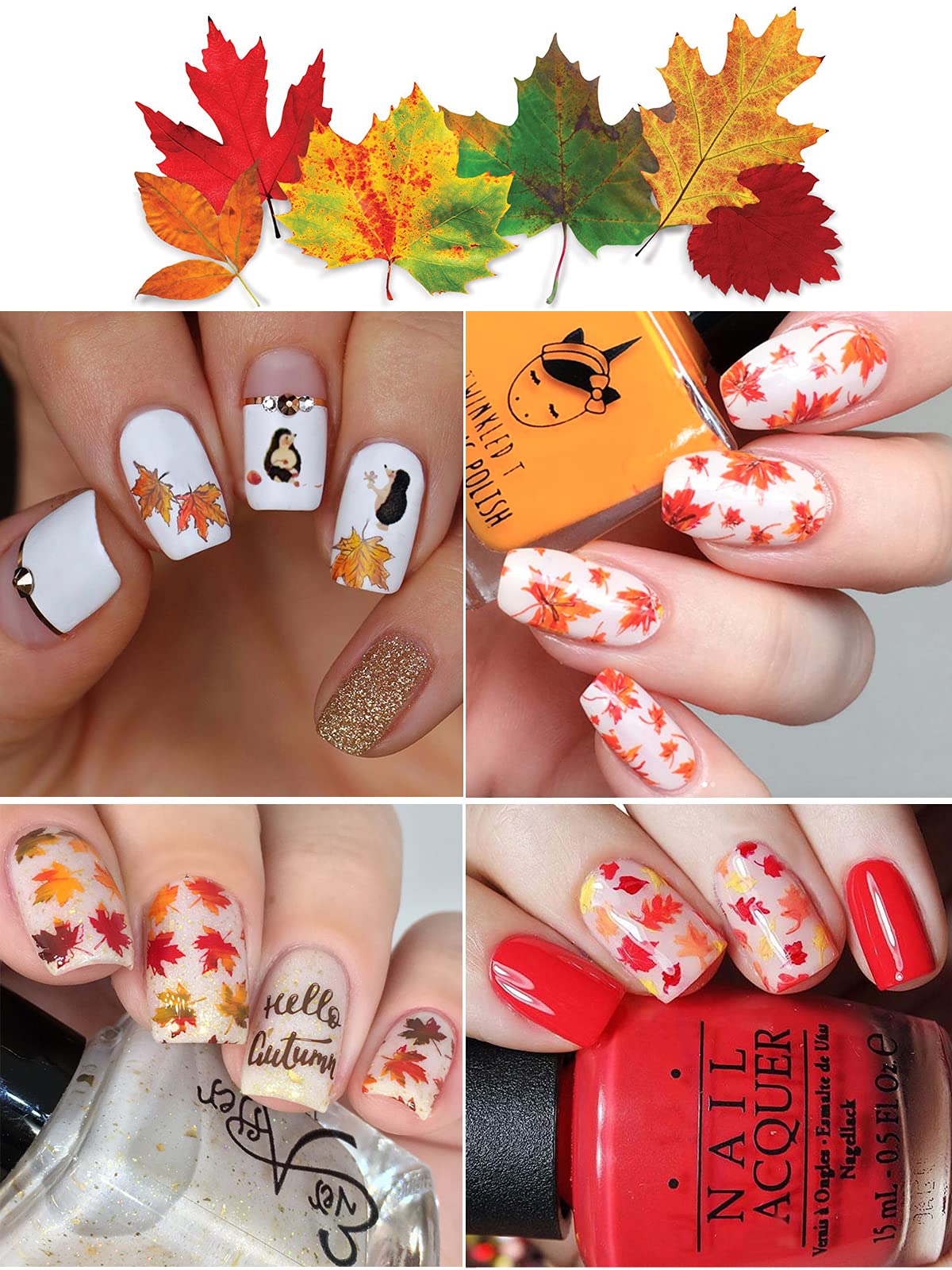 12 Sheets Fall Nail Art Sticker Decals, EBANKU Self Adhesive Maple Leaf Nail Stickers Autumn Thanksgiving Carton Animal Sticker for Women Girls Nail Decorations Nail Designs