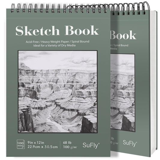 SuFly 9"x12" Drawing Paper, Pack of 2, 100 Sheets Each, Top Spiral Sketch Pad, 68lb/100gsm, White.