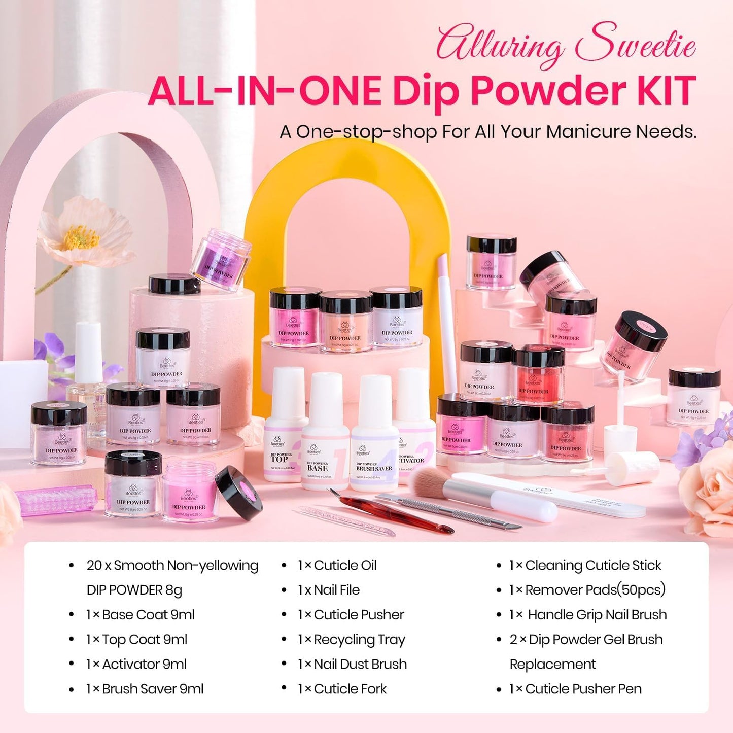 Beetles Dip Powder Nail Kit,36 Pcs 20 Colors Nude Hot Pink Red Glitter White Dip Nails Powder Starter Kit with Base Top Coat Activator Cuticle Oil Nail Dip Powder Kit for DIY Salon