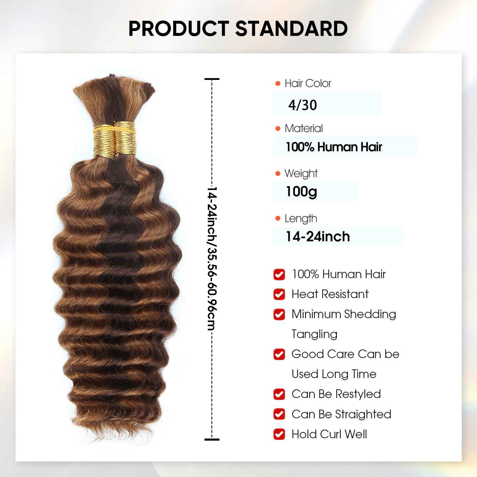 Human Braiding Hair 16 Inch 100g 4/30 Ombre Highlight Deep Wave Bulk No Weft Curly Bundles Human Hair Extensions for Boho Knotless Braids (4/30)