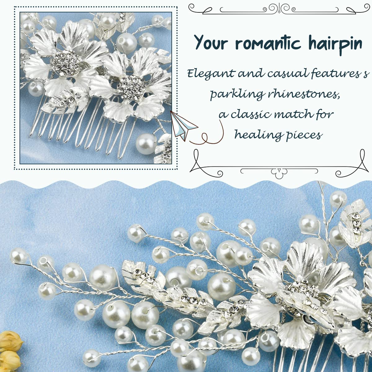 BUYGOO Bridal Hair Accessories for Wedding - Rhinestone Pearl Hair Pieces, Flower Hair Clip, Crystal Headpiece and Hair Comb for Women and Girls (B Silver)