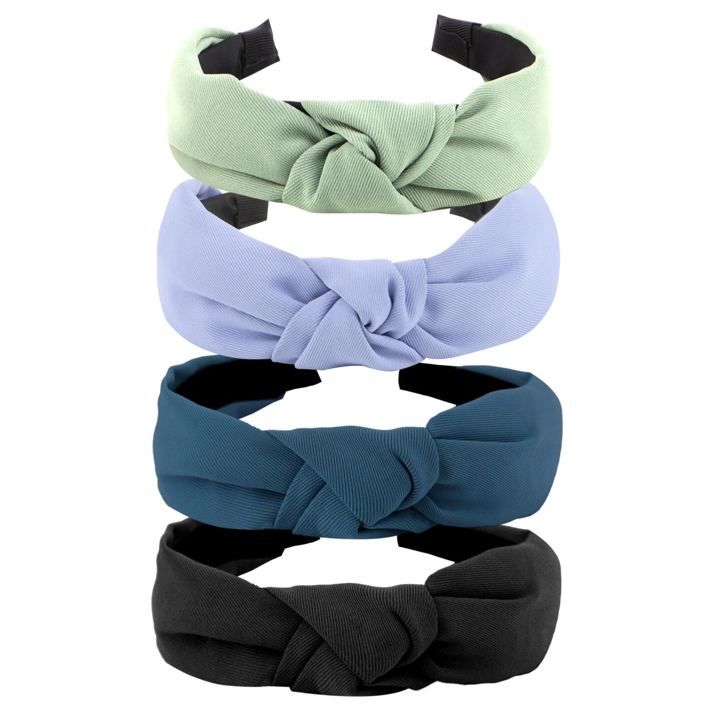 YISSION 4PCS Knotted Headbands for Girls - Non-Slip Wide Top Knot Hair Accessories in Green, Blue, and Black