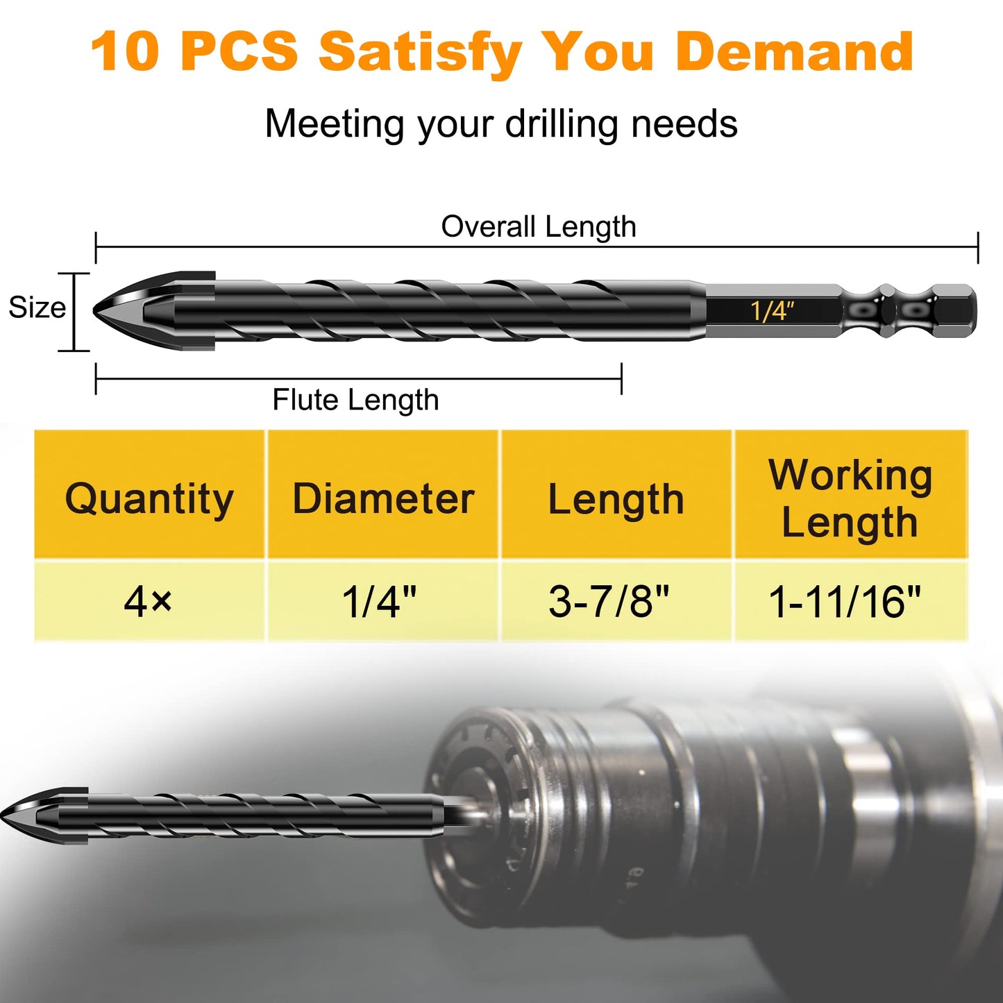 Masonry Drill Bit Set 1/4" (10PCS) - Cement Drill Bit, Professional Concrete Drill Bit Set for Glass/Brick/Cement/Tile/Etc, Industrial Strength Carbide Cross Drill Bit Tip, by TITGGI