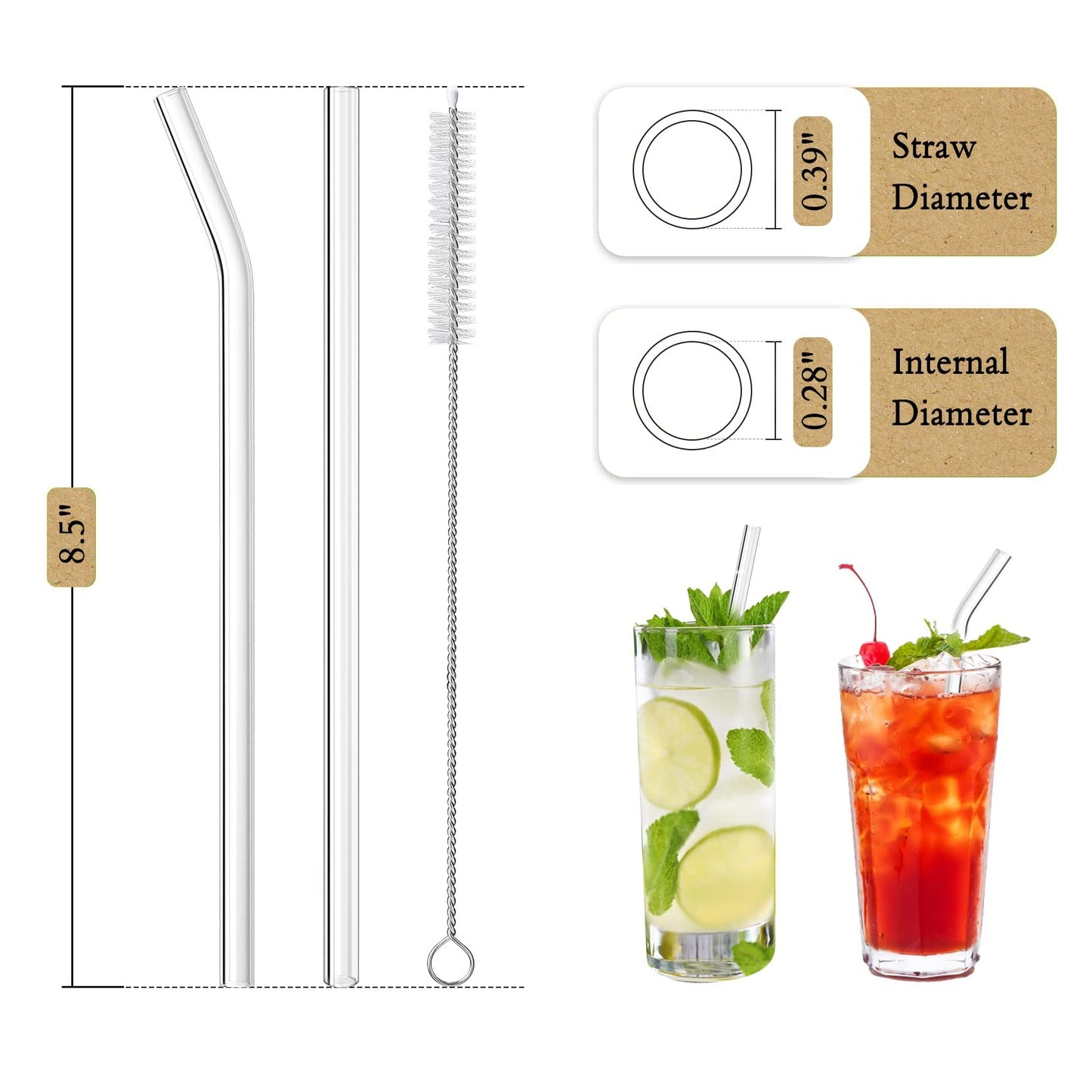 Piteno® 16-Pack Reusable Glass Drinking Straws, 8.5''x10MM, Set of 6 Straight and 6 Bent with 4 Cleaning Brushes, Perfect for Smoothies, Milkshakes, Juice, Tea (Rainbow)