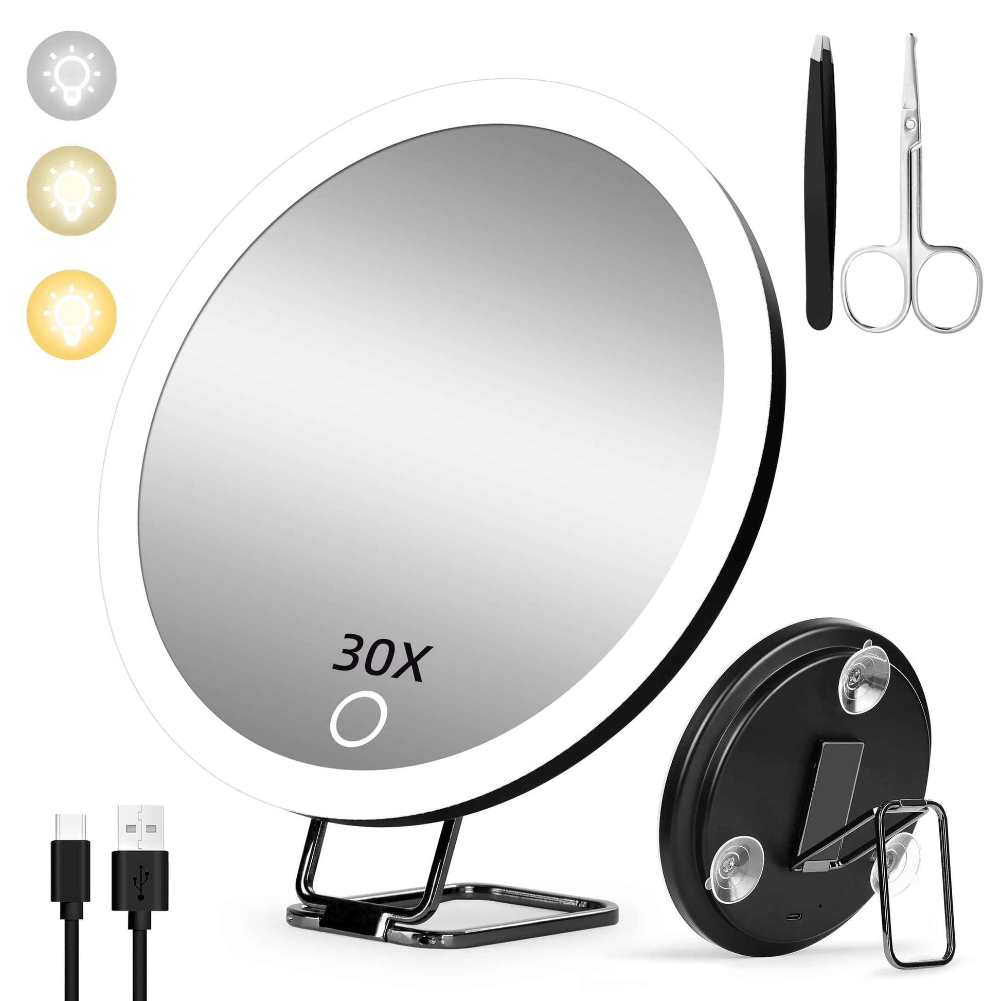 30x Magnifying Mirror With Light, Large 6" Rechargeable Lighted With Suction Cups & Table Stand, 3 Color Modes Dimmable Light up Travel Makeup High Magnification