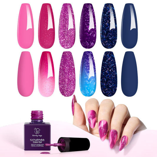 Color Changing Gel Nail Polish Set, 6 Pcs Pink,Blue,Purple - Includes 2 Temperature Changing Colors, 2 Solid, 2 Glitter Gel Polishes, Long-Lasting Soak off,UV Light Cure,Nail Art Kit for DIY Manicure