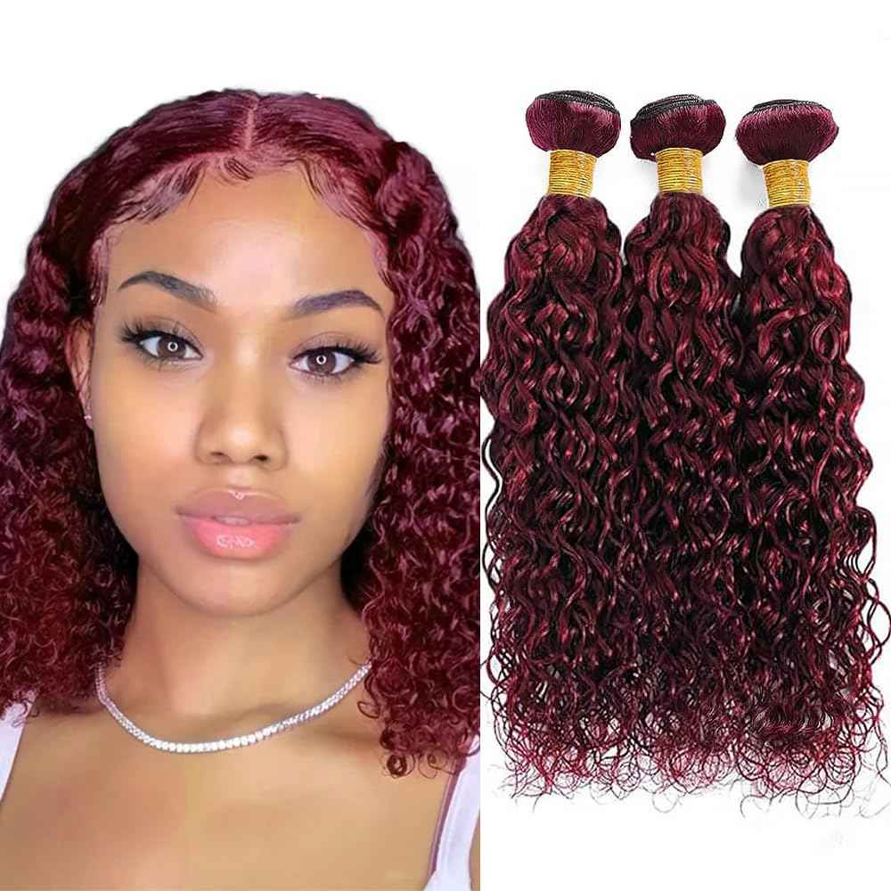 Water Wave Human Hair Bundles 14 16 18 Inch #99J Burgundy Bundles Human Hair Red 12A Unprocessed Native Virgin Hair 100/PC 3 Extensions Wet and Wavy Weave for Women