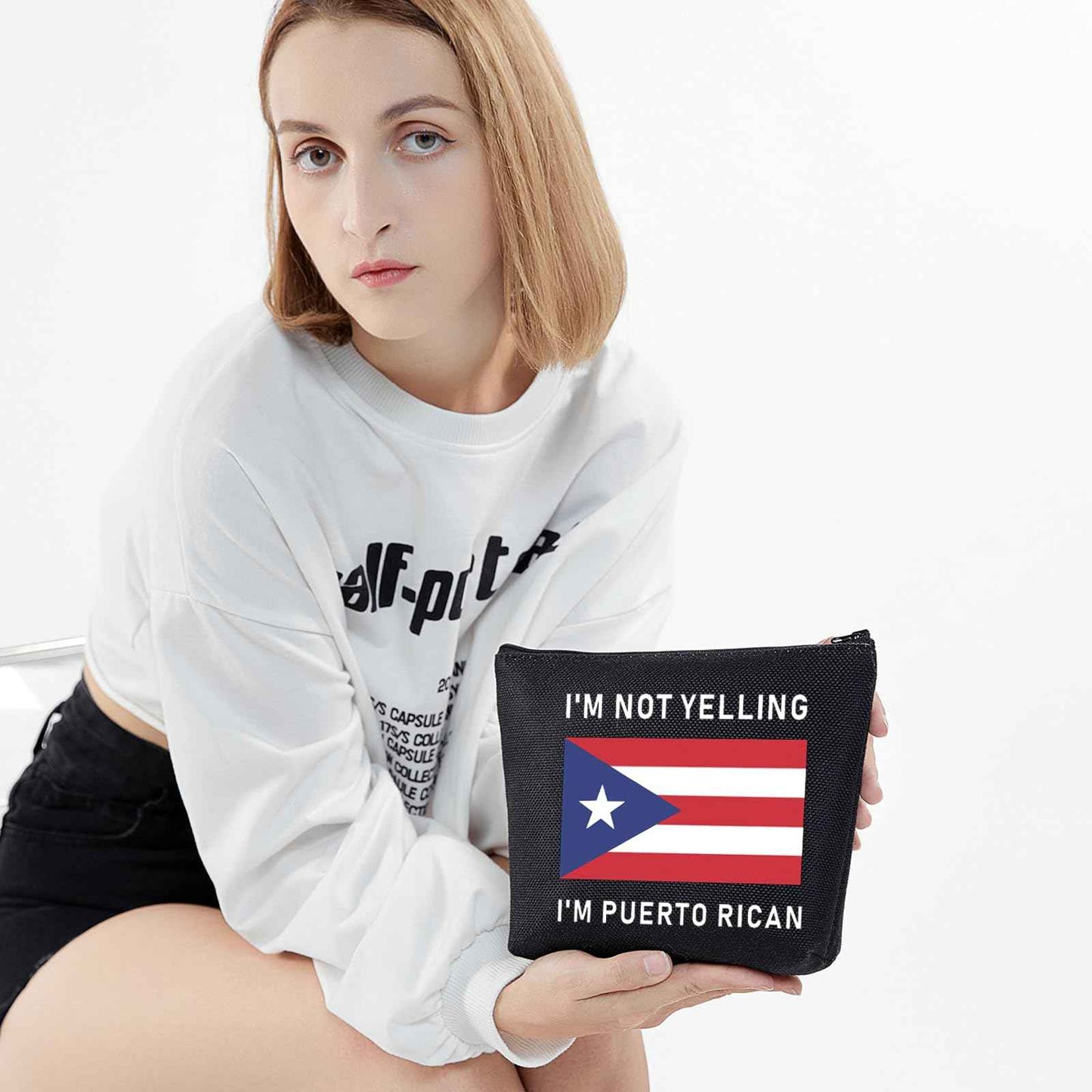 LEVLO Funny Puerto Rico Cosmetic Bags Souvenirs I'm Not Yelling I'm Puerto Rican Makeup Bags Puerto Rican Root Flag Travel Gifts (Puerto Rican+black)