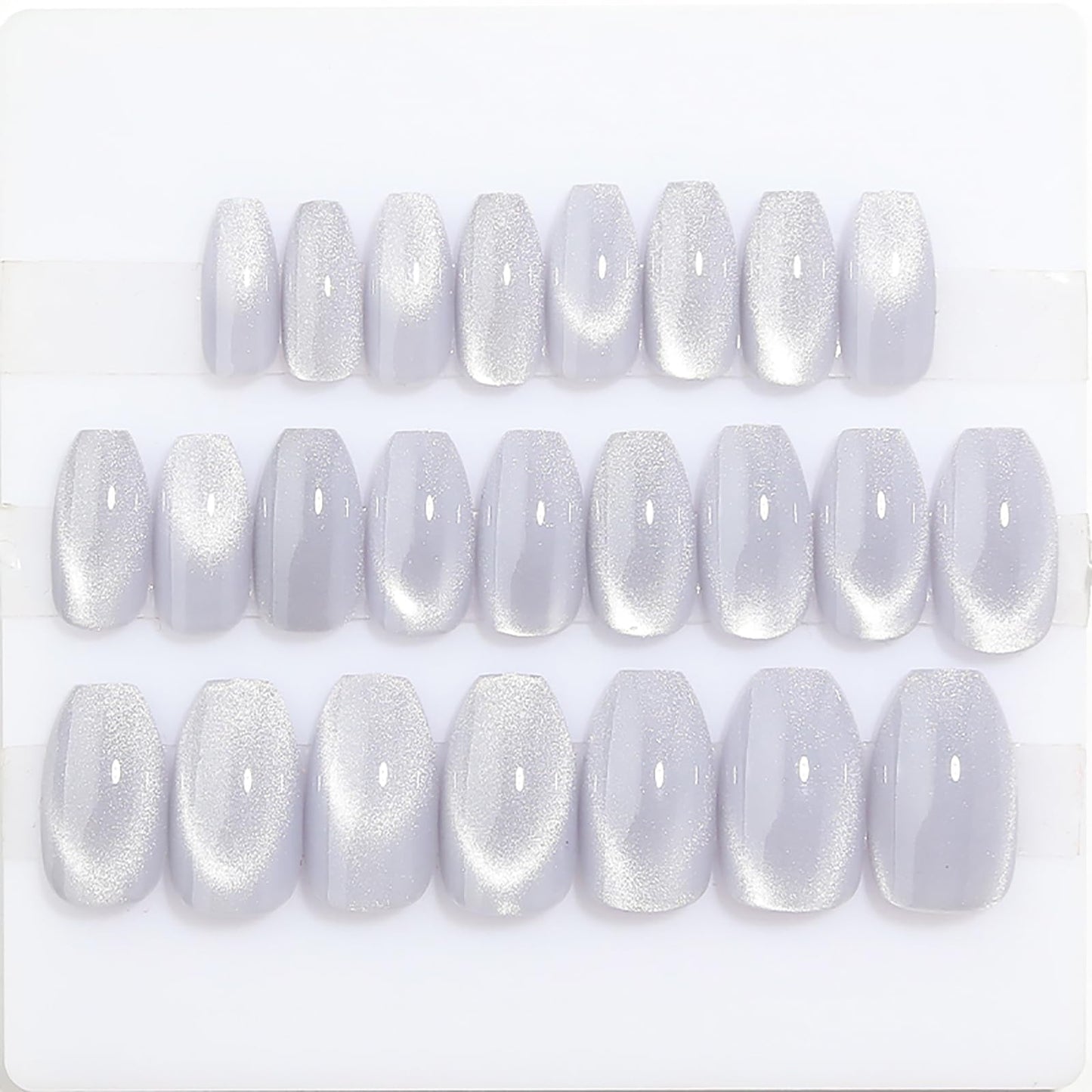 Handmade press on nails medium coffin fake nails gray white cat eye false nails with gradient & glitter designs glossy acrylic nails full cover stick on nails for women girls nail art decoration 24pcs