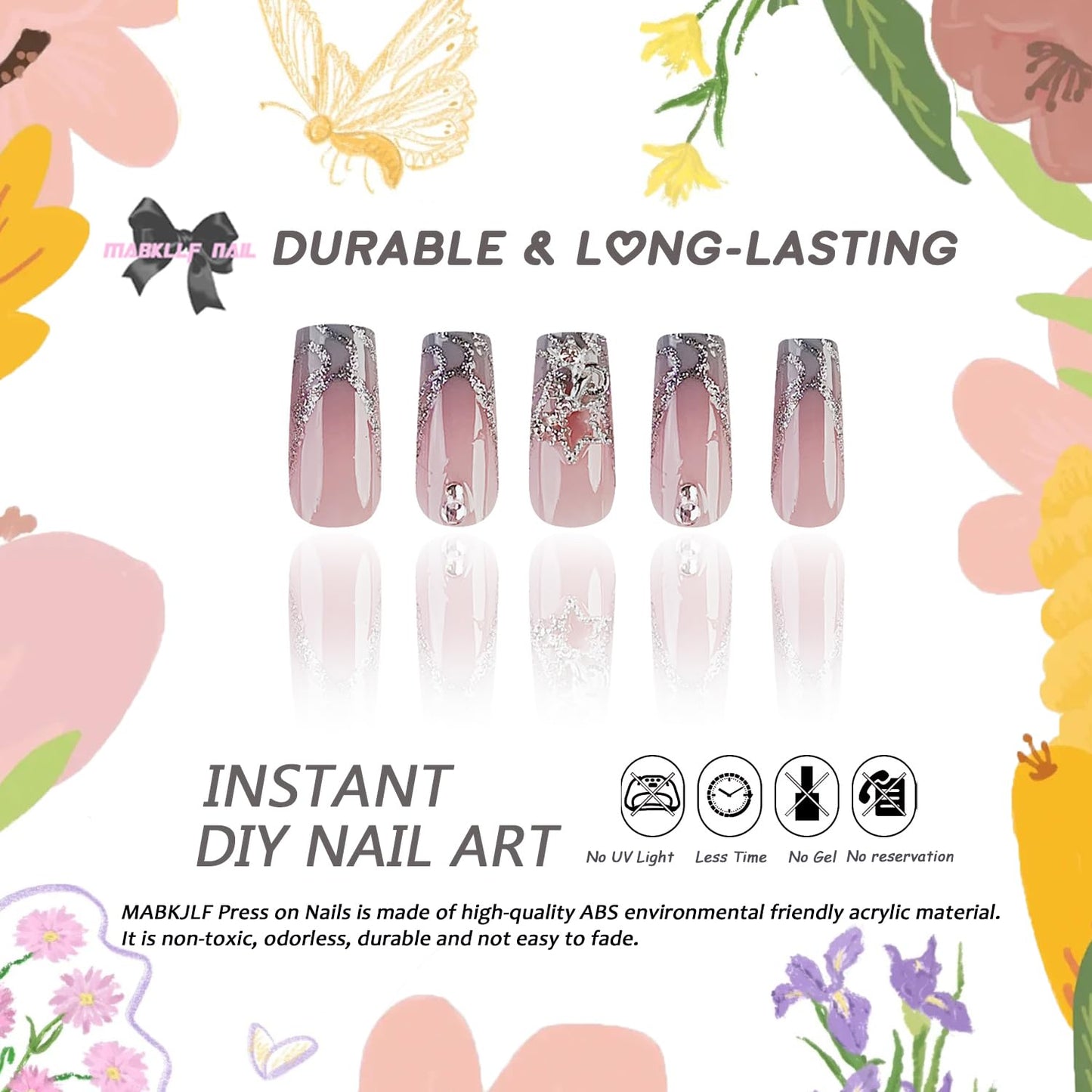 Long Square Press on Nails French Tip Fake Nails Gray Gradient Full Cover Star Charm False Nails with Glitter Swirl Designs Glossy Glue on Nails Acrylic Nails Handmade Nails for Women Girls 24Pcs