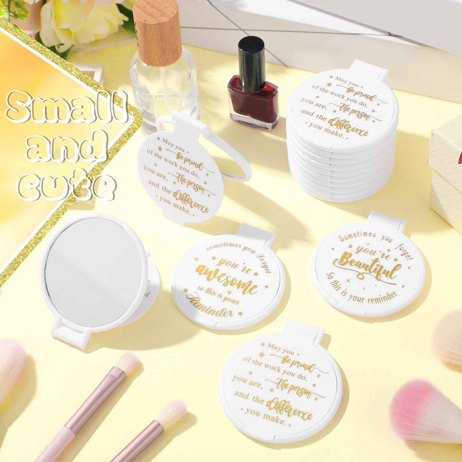 Wenqik 64 Pcs Inspirational Mini Compact Mirror for Purse Women Small Gifts Bulk, Round Makeup Folding Mirror, Thank You Gift Bag Stuffer Items, Christmas for Coworker Employee Staff (White)
