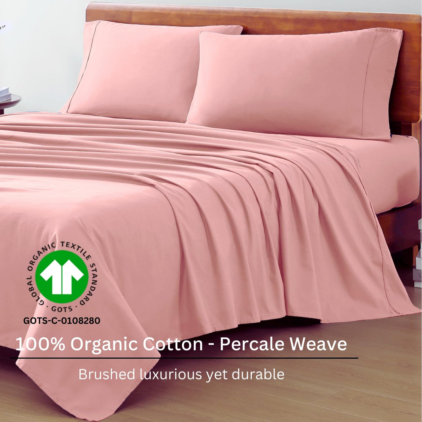 LANE LINEN 100% Organic Cotton Twin XL Sheets Set, 3-Piece Pure Organic Cotton Percale Sheets, Cotton Bedsheets, Ultra Soft Bedding Sheets, Breathable, Fits Mattress Upto 15" Deep - Rose Dawn