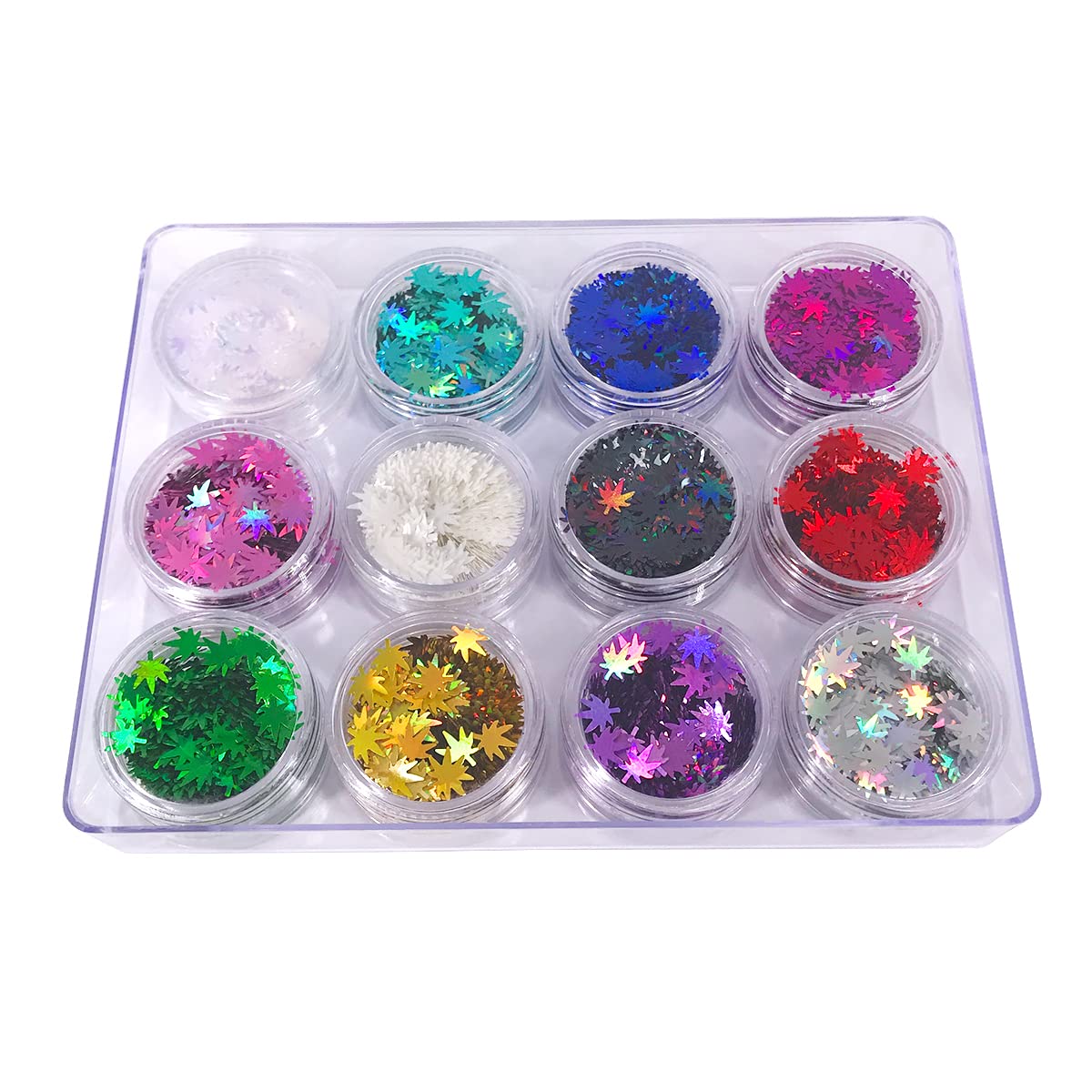 12 Pack - Metallic Rainbow Holographic Leaf Glitter - Solvent Resistant & Cosmetic Grade - Face Body Nails Resin Arts & Crafts, Tumblers, Bath Bombs, Resin - Weed Pot Marijuana Leaf