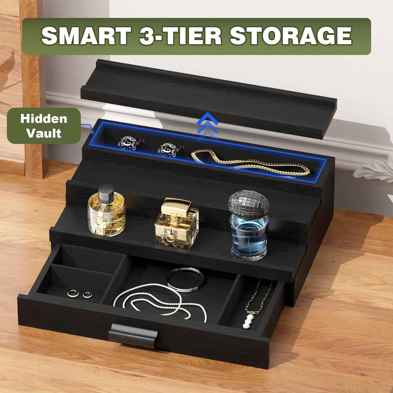 TIRYIUOU Perfume Cologne Organizer for Men: 3 Tier Wooden Perfumes Stand, Desktop Parfum Holder Wood Display Shelf with Cabinet, Bedroom Dresser Makeup Lotion Jewelry Storage Rack with Drawer