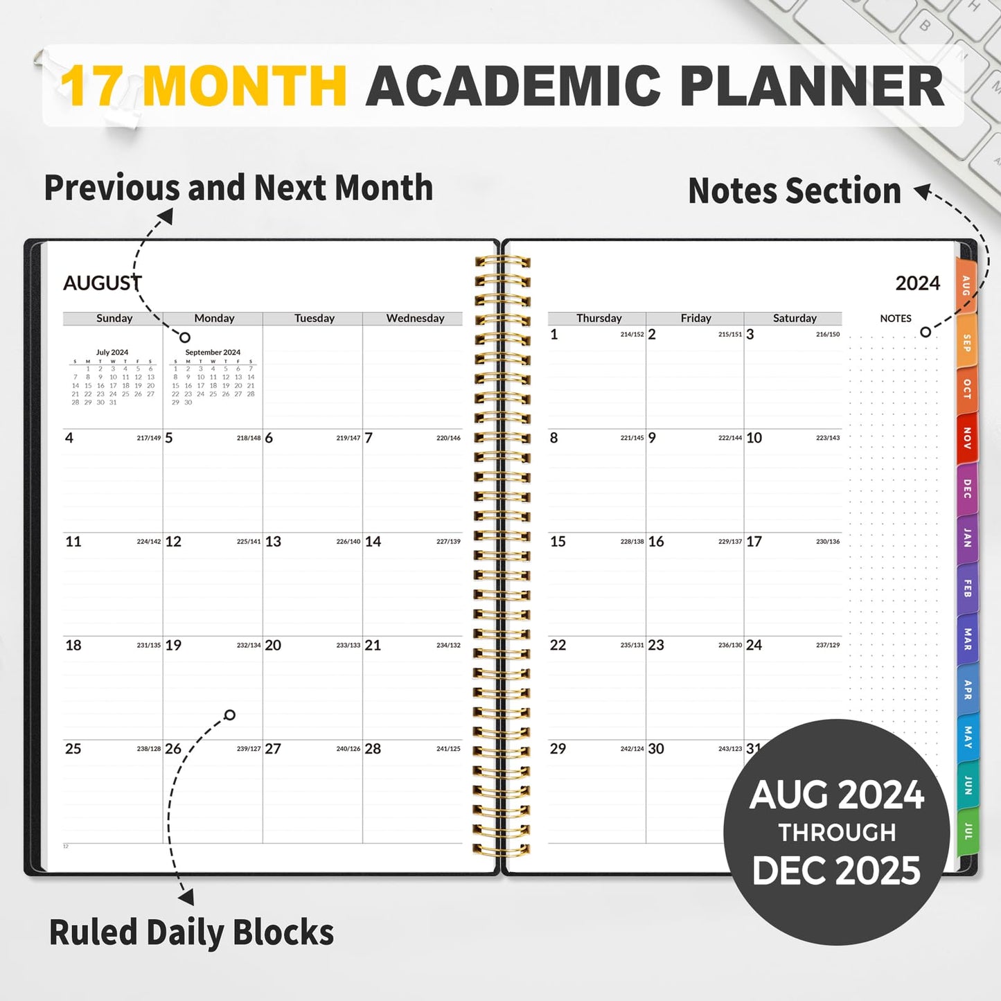 SUNEE 17 Month Academic Planner 2024-2025 Weekly and Monthly - from August 2024 - December 2025, 8.5"x11" School Year Daily Planner with Monthly Tab, Flexible Cover, Note Page, Pocket, Bookmark,Black