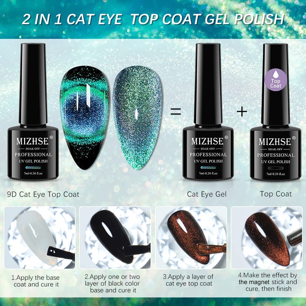 MIZHSE 2 In 1 9D Cat Eye Gel Nail Polish Kit, Upgraded No Need Extra Top Coat, Magnetic Gel Polish Set with Magnet, Shiny Chameleon Magic Galaxy Effect Soak Off Gel Nail Art Gift for Women