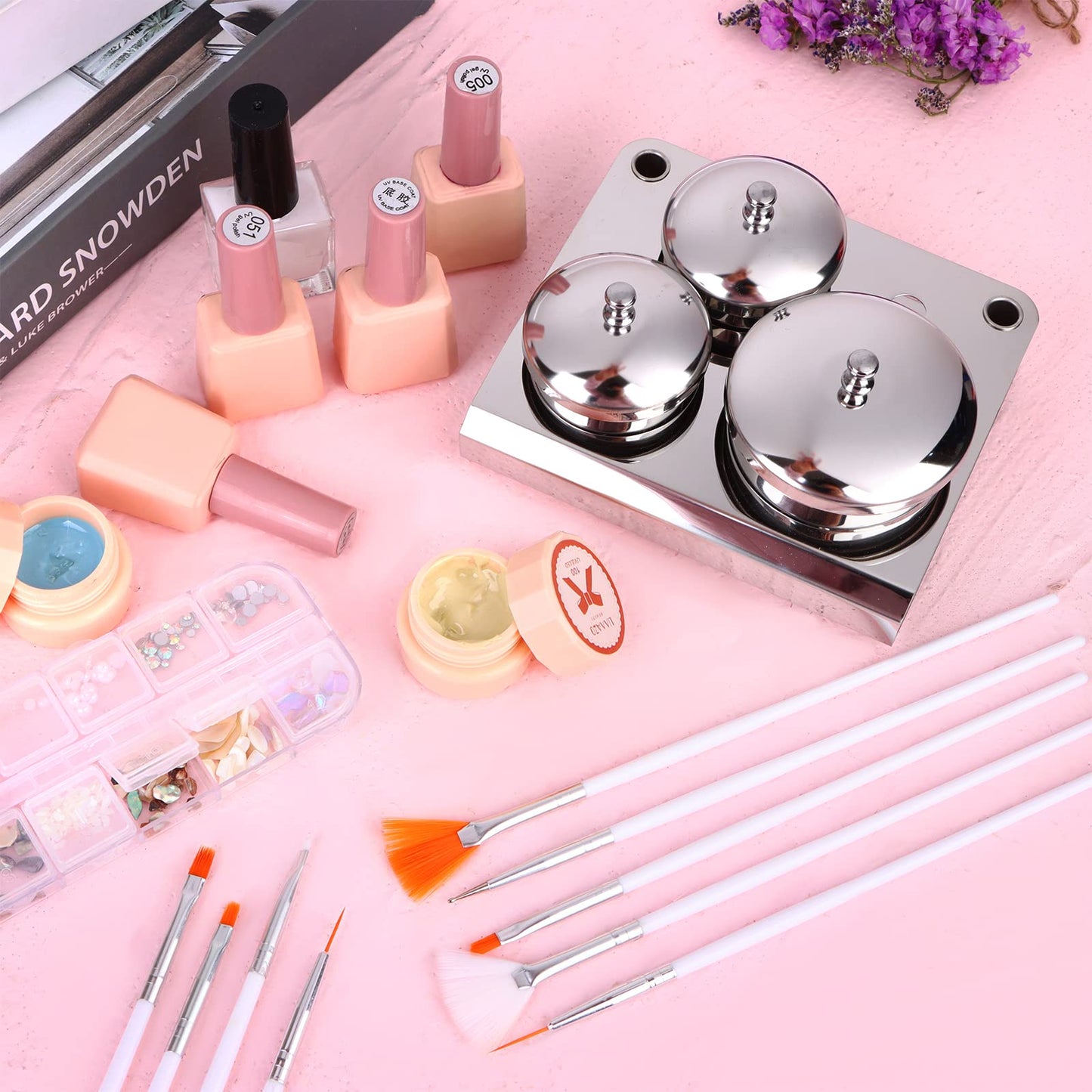 PIAOPIAONIU 18 Pieces Nail Art Equipment Set,3 Pcs Nail Art Equipment Cup Bowls Stainless Steel Acrylic Liquid Powder Cup Nail Powder Holder with Lids and 15 Pcs Nail Art Brushes for Nail Art Tools