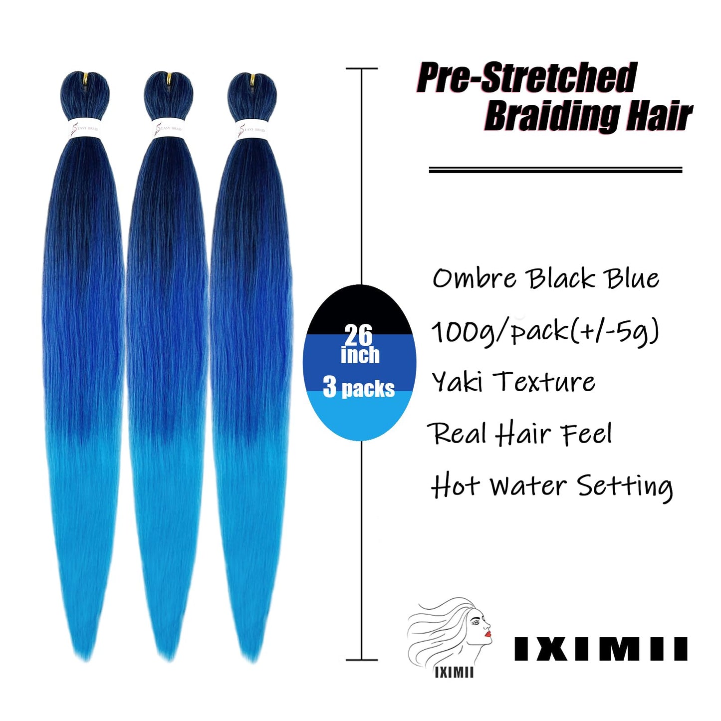 IXIMII 3 packs Ombre Braiding Hair Pre Stretched 26 inch Pre-Stretched Kanekalon Hair Straight Crochet Braids Soft Yaki Texture Hot Water Setting Synthetic Hair Extensions