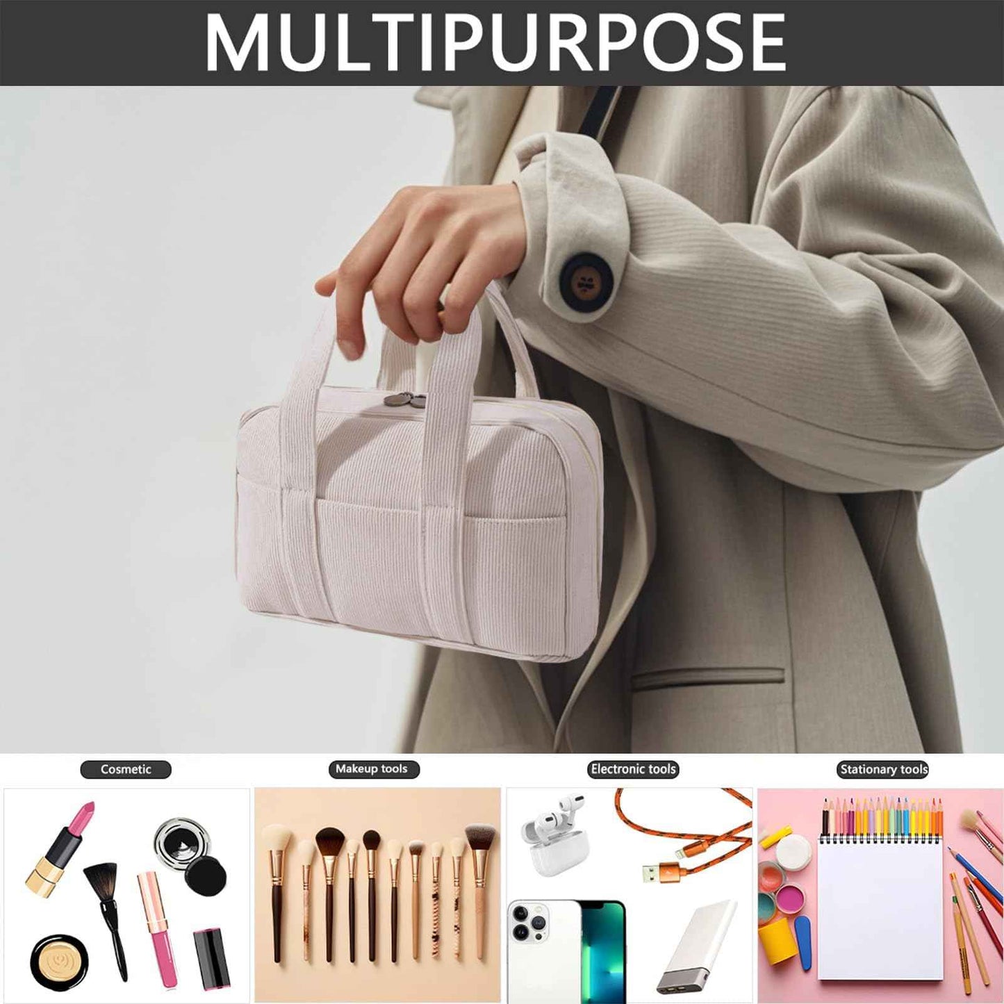 LYDZTION Makeup Bag, Makeup Organizer Small Travel Toiletry Bags for Women, Cosmetic Bag Cute Corduroy Makeup Travel Bag, Beige