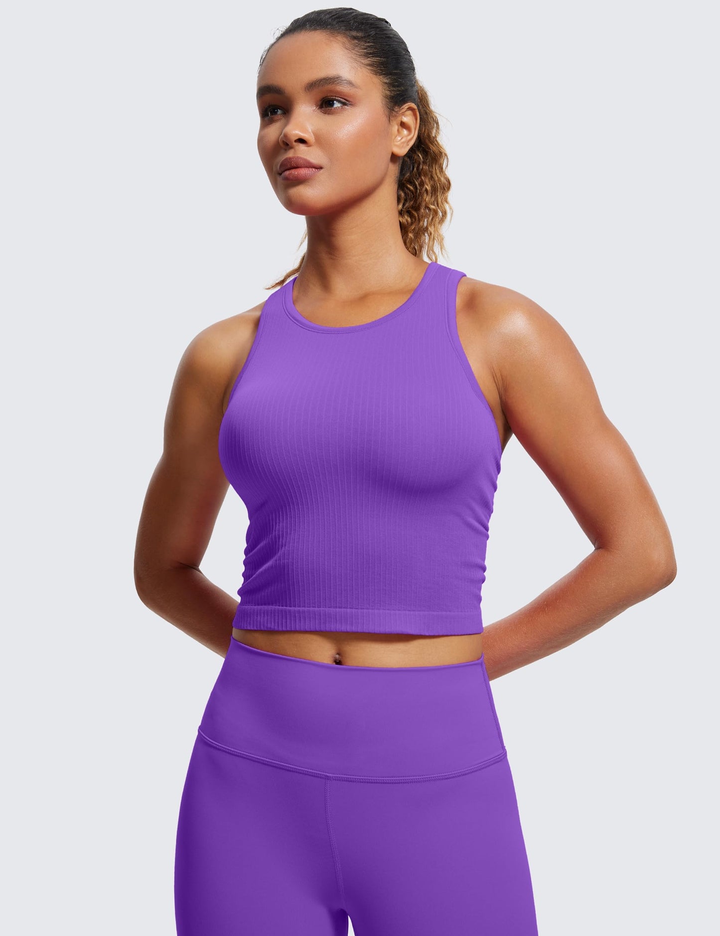 CRZ YOGA Womens Seamless Ribbed Longline High Neck Sports Bra - Racerback Padded Slim Fit Crop Tank Top with Built in Bra Royal Lilac XX-Small