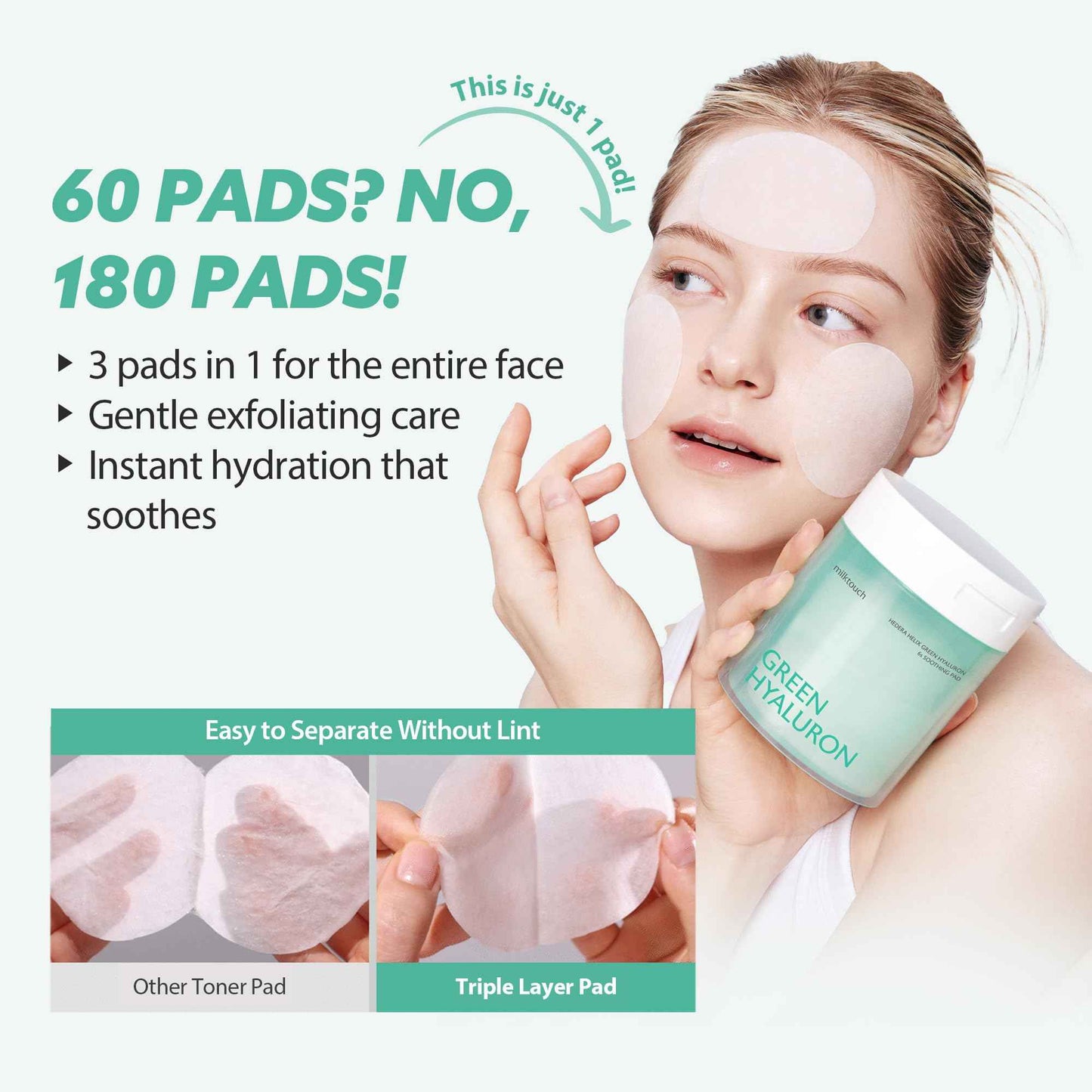 milktouch Green Hyaluron Toner Pads - Hydrating & Soothing Facial Pads w/Hyaluronic Acid & Centella Asiatica for Sensitive Skin, Pore Care, Daily Use, Calming, Moisturizing, Korean Skincare 60pcs