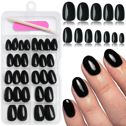 EternalClassic Brand 120pcs Black, Glossy Short Oval Acrylic False Nails with Adhesive Tabs, 12 Sizes, Press-on Nails Kit for Women & Girls