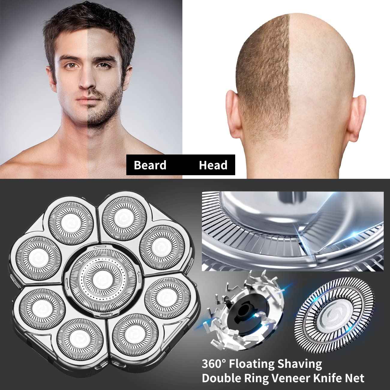 9 Blades Head Shaver Men's Electric Shaver Replacement Heads Universal Replacement Blade Head Electric Razor for Men (9D Silvery)