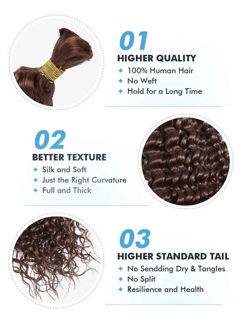 Human Braiding Hair for Boho Braids 100g 16 Inch Chocolate Brown Curly Boho Hair for Braiding Knotless 12A Deep Wave Bulk Bohemian 2 Bundles/Pack Color 4
