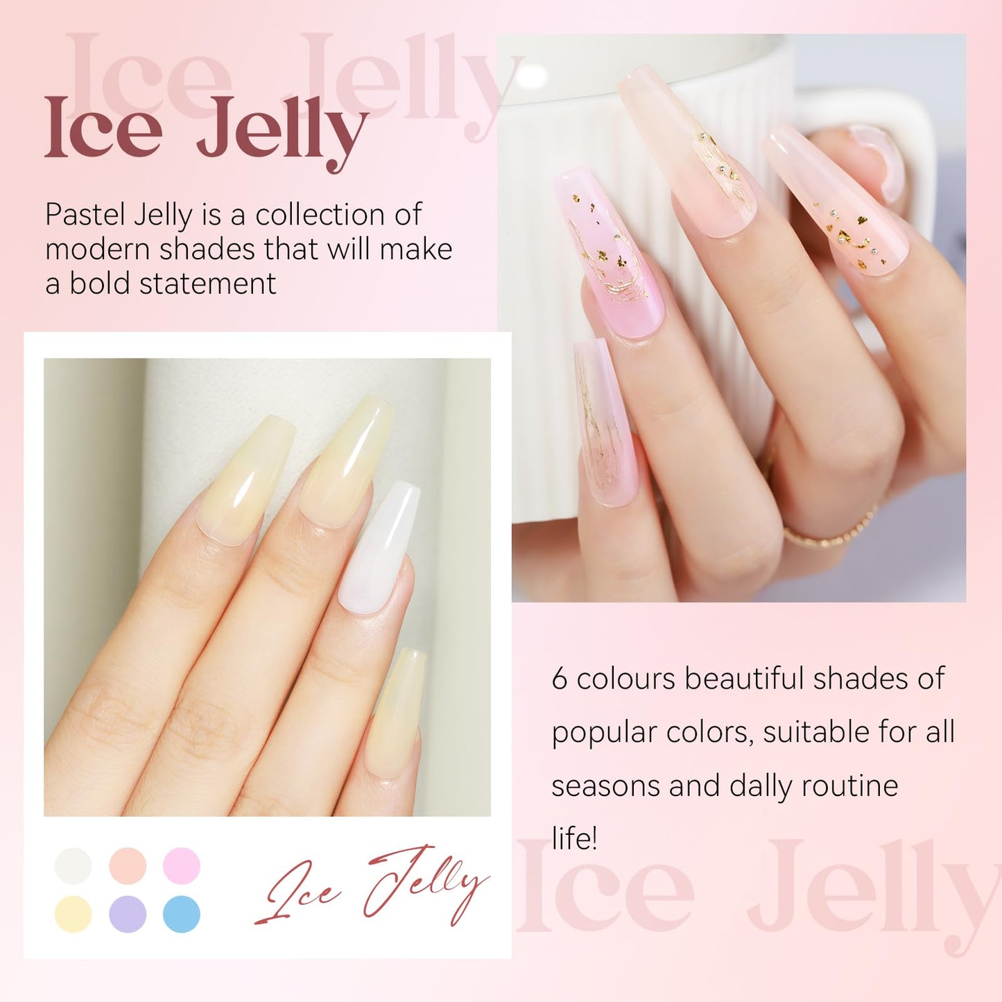 MIZHSE Jelly Gel Nail Polish Set 6 Colors, Summer Clear Translucent Macaroon Gel Polish 7ml, Pink White Sheer Manicure Kit UV LED Soak Off Varnish for Home Salon