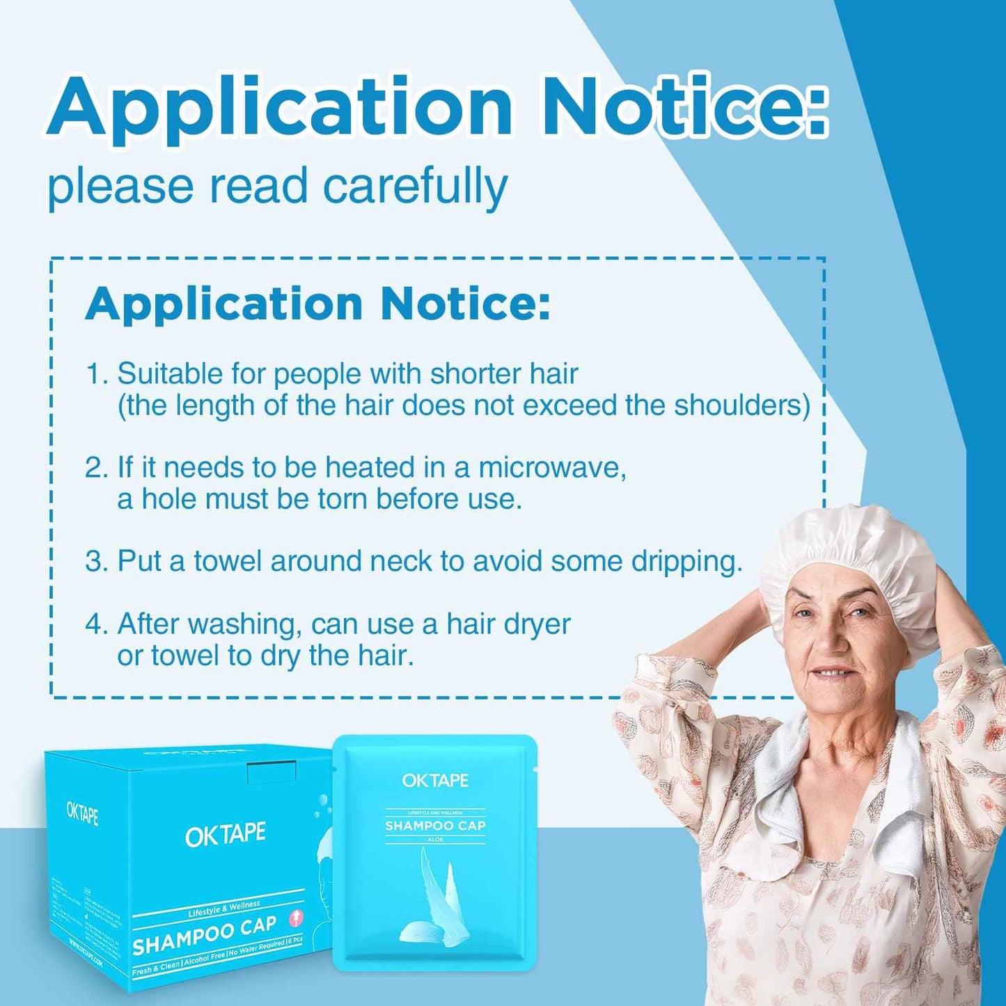 OK TAPE No Water Shampoo Cap (6 Packs), Microwaveable Rinse Free for Bedridden Patients or Elderly, Waterless Shampoo and Condition Hair, Aloe Vera Fragrance