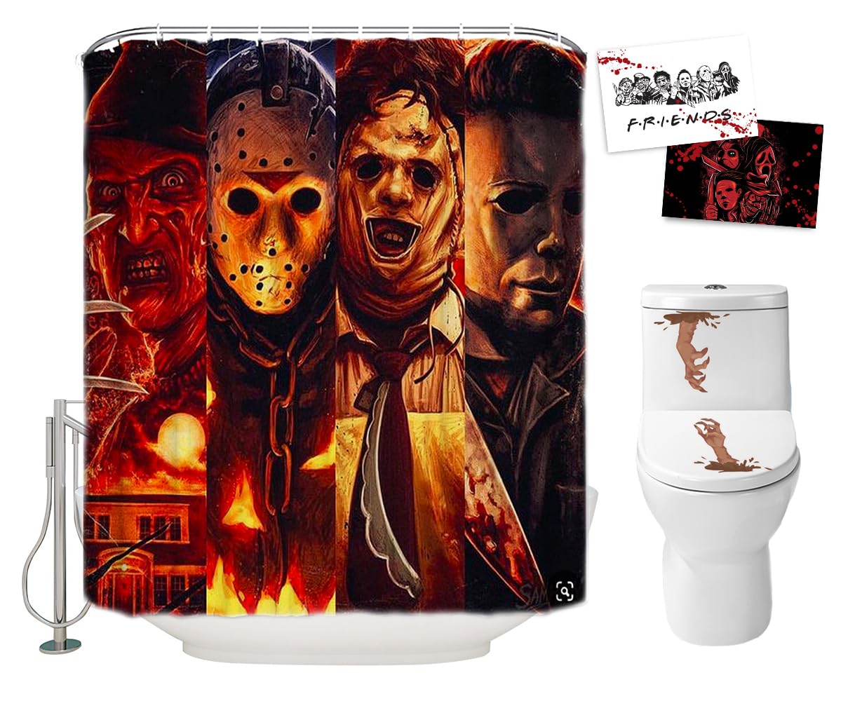 Halloween Shower Curtain Set for Bathroom- Scary Killer Freddy Jason Michael, Horror Movie Themed Holiday Polyester Fabric Decoration with Hooks and Toilet Stickers, Christmas Party Decor 72x72