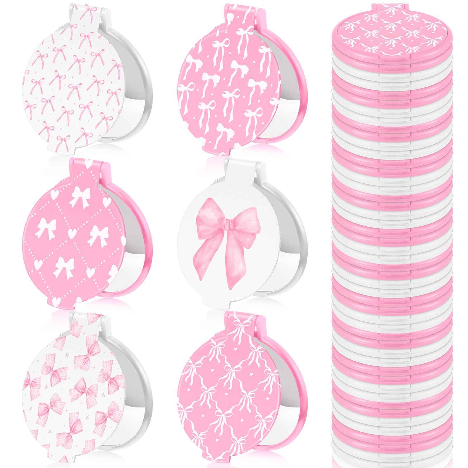 Namalu 36 Pcs Pink Bow Coquette Mini Compact Mirrors Party Aesthetic Gifts Bulk for Women Wedding Bridal Travel Portable Round Pocket Makeup Mirror Gift for Purse Party Favors Breast Cancer