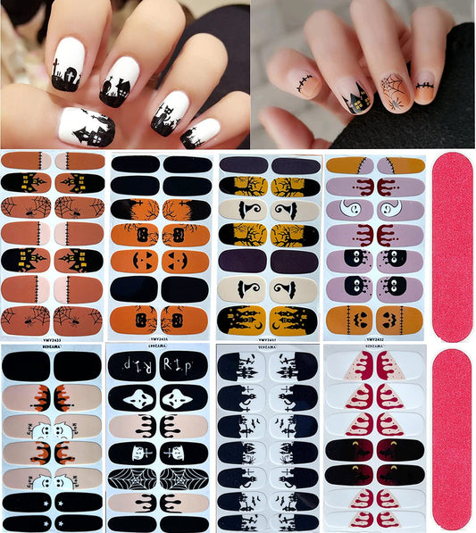 8 Sheets Halloween Full Wrap Nail Art Stickers Decals Cute Skeleton Ghost Scar Castle Spider Web Nail Polish Stickers Strips Wraps for Women Girls Kids 3D Self-Adhesive Nail Designs Nail Decoration