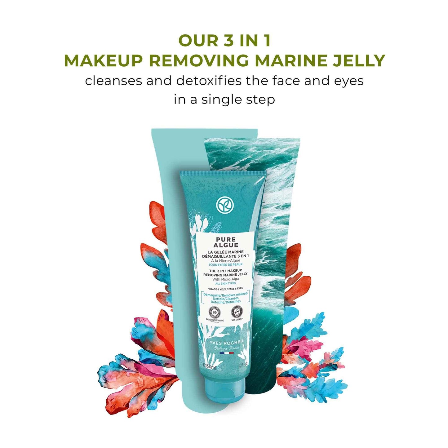 Yves Rocher 3 in 1 Makeup Removing Marine Jelly for Normal to Combination Skin – Pure Algue – 5 Oz – 1 Ct