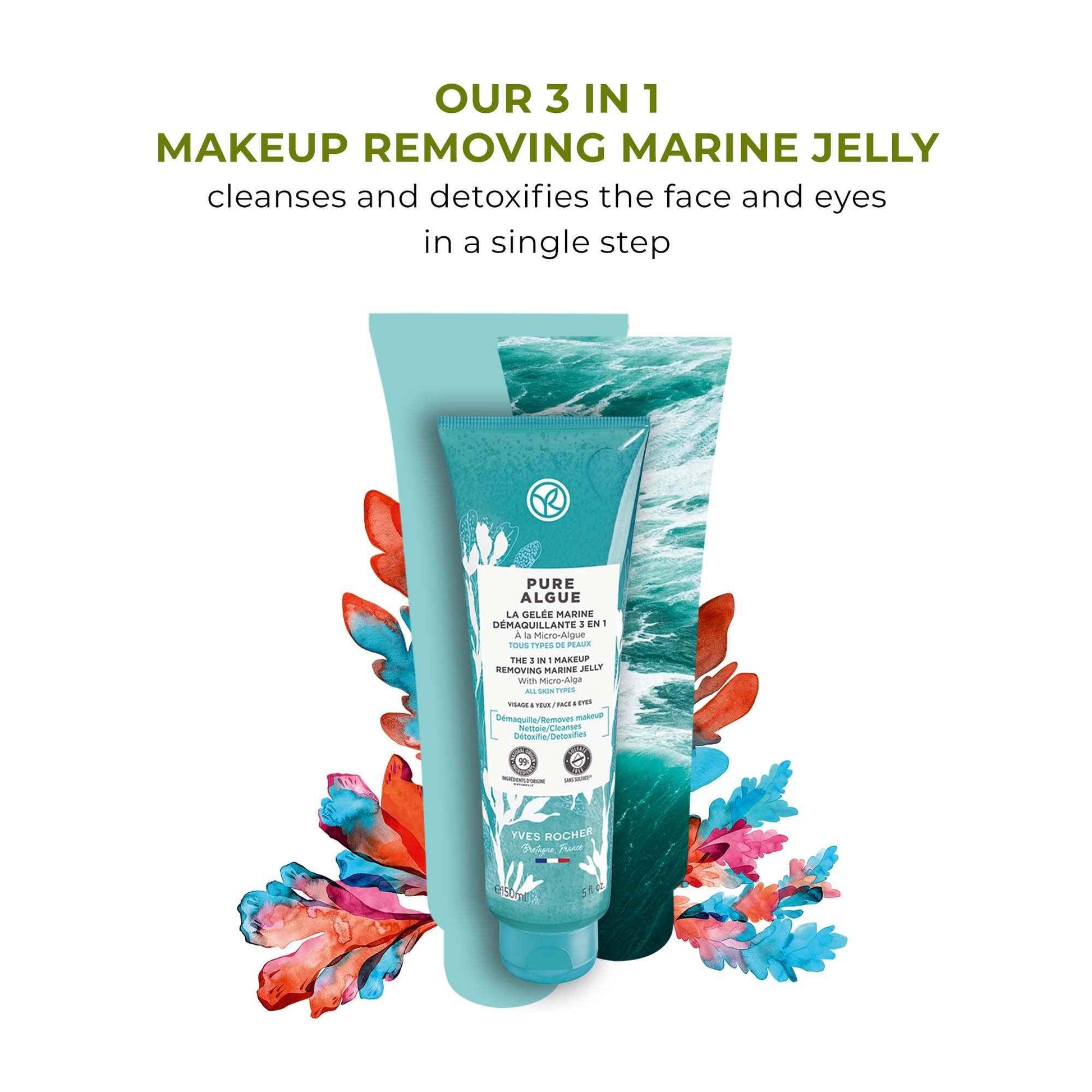 Yves Rocher 3 in 1 Makeup Removing Marine Jelly for Normal to Combination Skin – Pure Algue – 5 Oz – 1 Ct