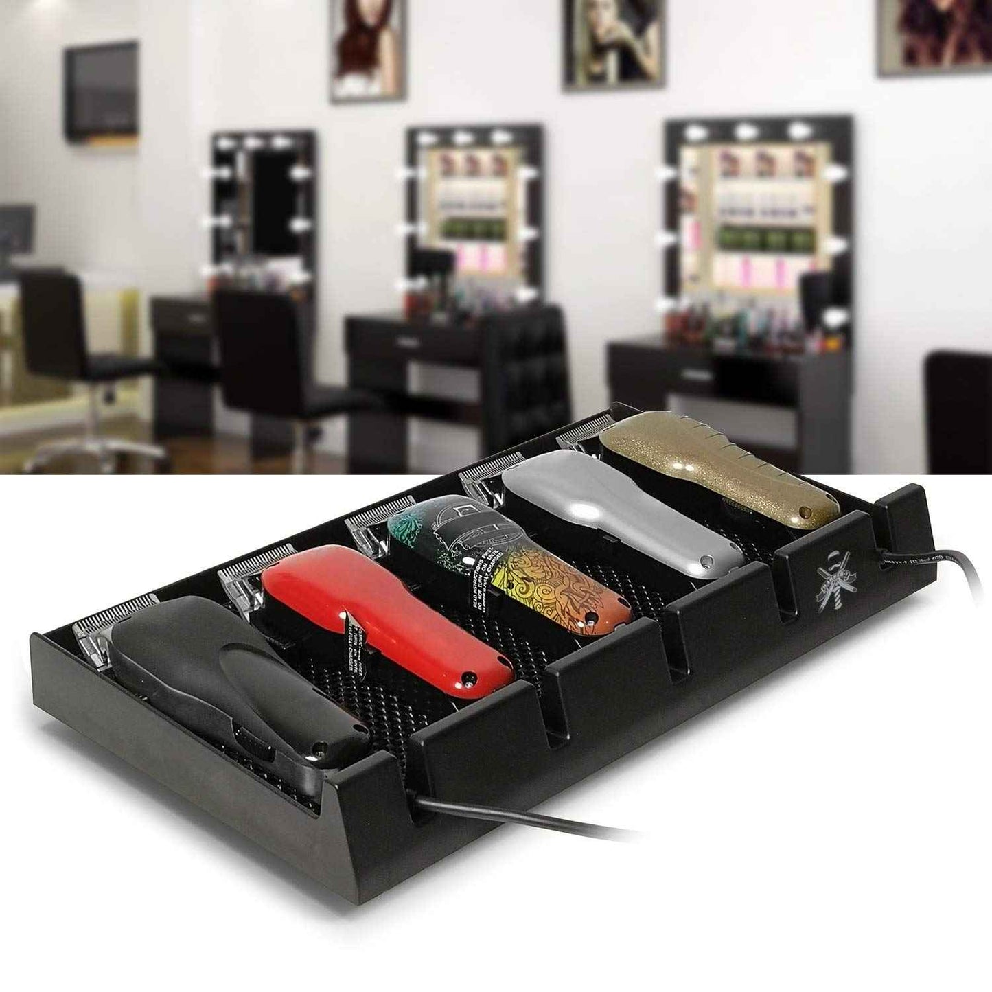 Segbeauty Barber Clipper Tray, Holder and Rack, Anti-Slip Black Salon Organizer, Razor Case, 5 Notches Professional Hair Trimmer Holder, Hairdresser Stylist Barbers Tools Box