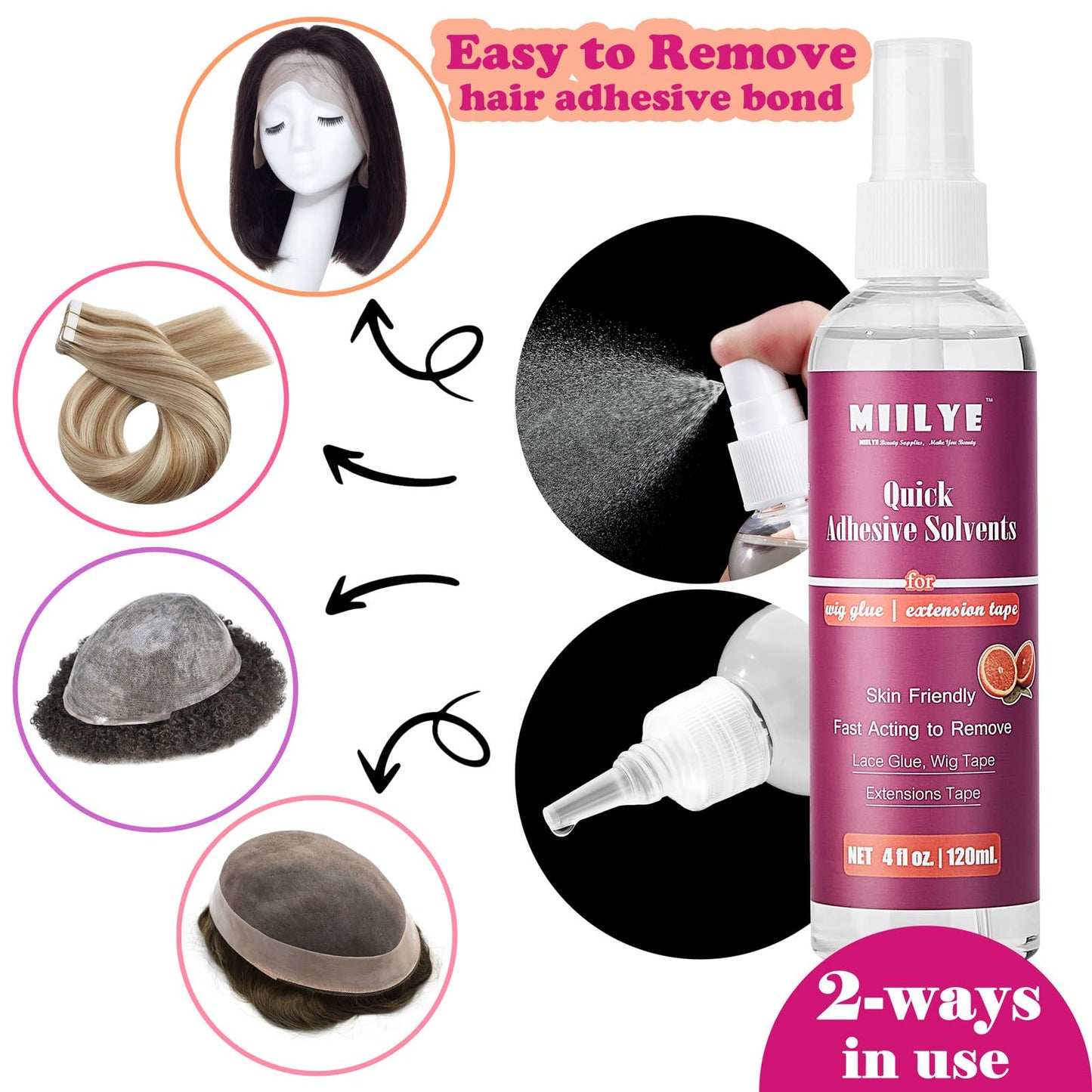 MIILYE Lace Glue Remover/Tape in Extension Remover Spray 4OZ/120ml, Tape in Remover Wig Glue Remover Fast Removes Double Sided Hair Extensions Tape Adhesive| Gentle on Skin| No Greasy| Easy to Clean