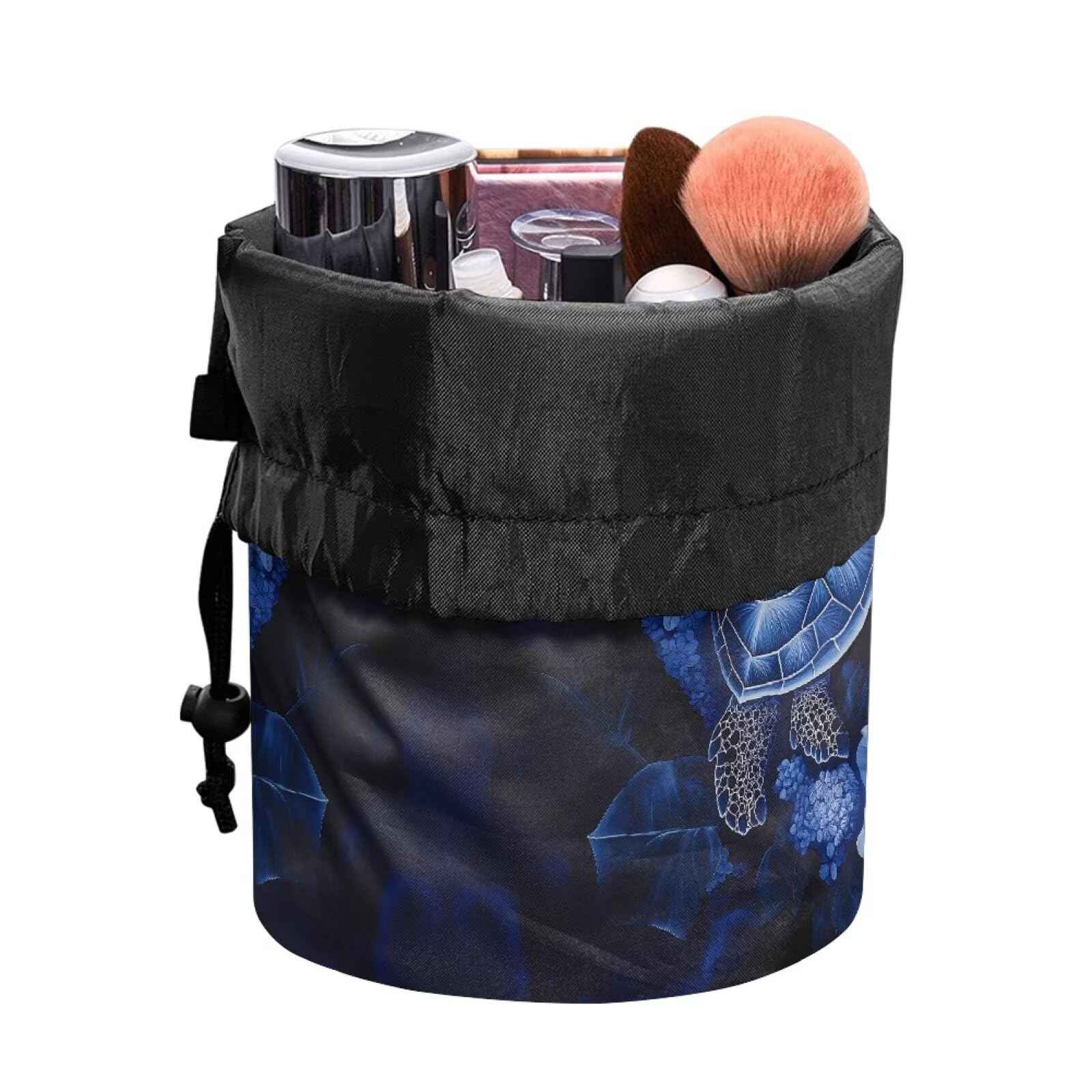 Poceacles Sea Turtle Flower Blue Makeup Bag for Women, Foldable Portable Storage Bag Drawstring Cosmetic Bags Barrel Toiletry Case Organizer Travel Accessories Bag